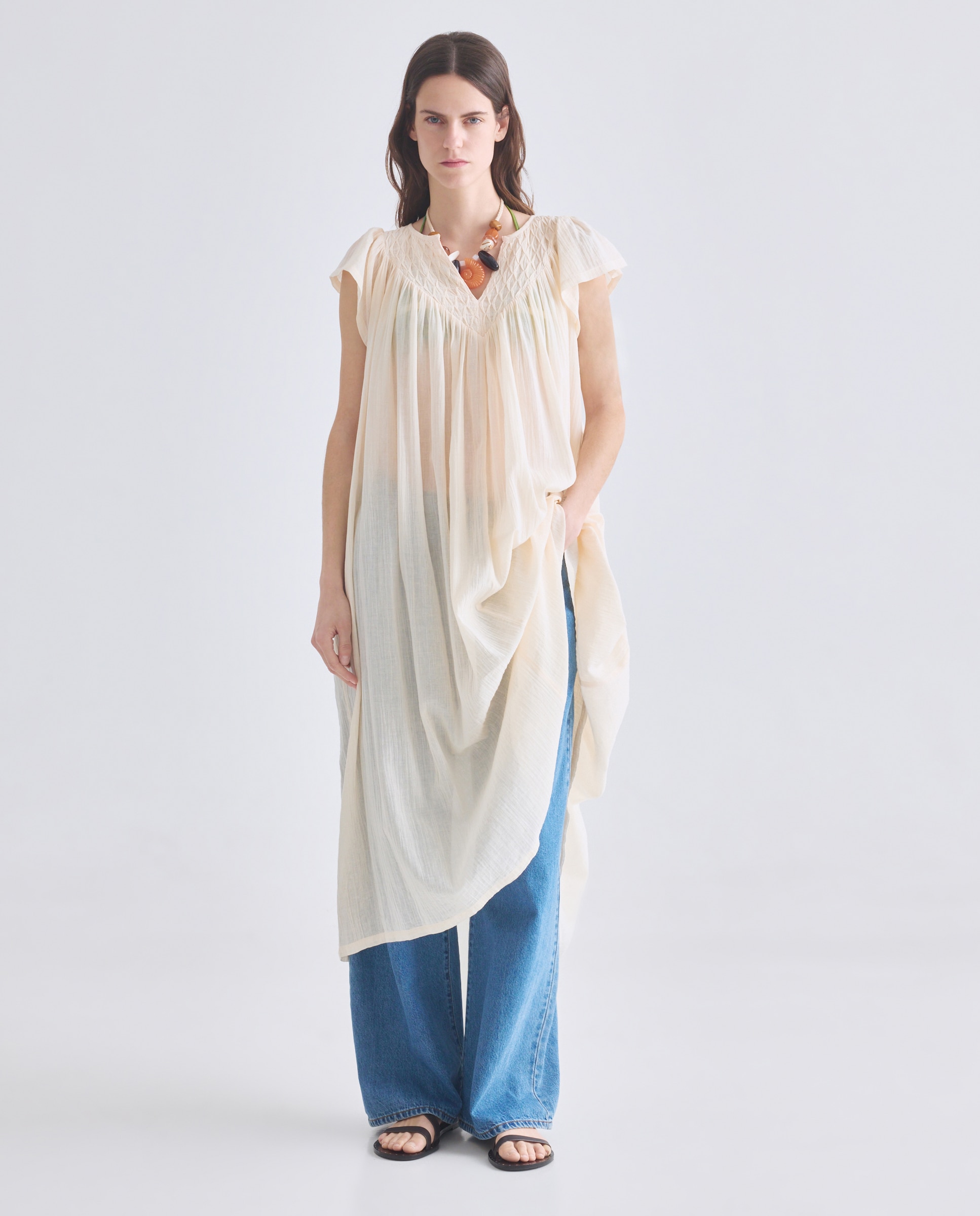 Kaftan de Manga Curta com Plissados 120 Cru-4