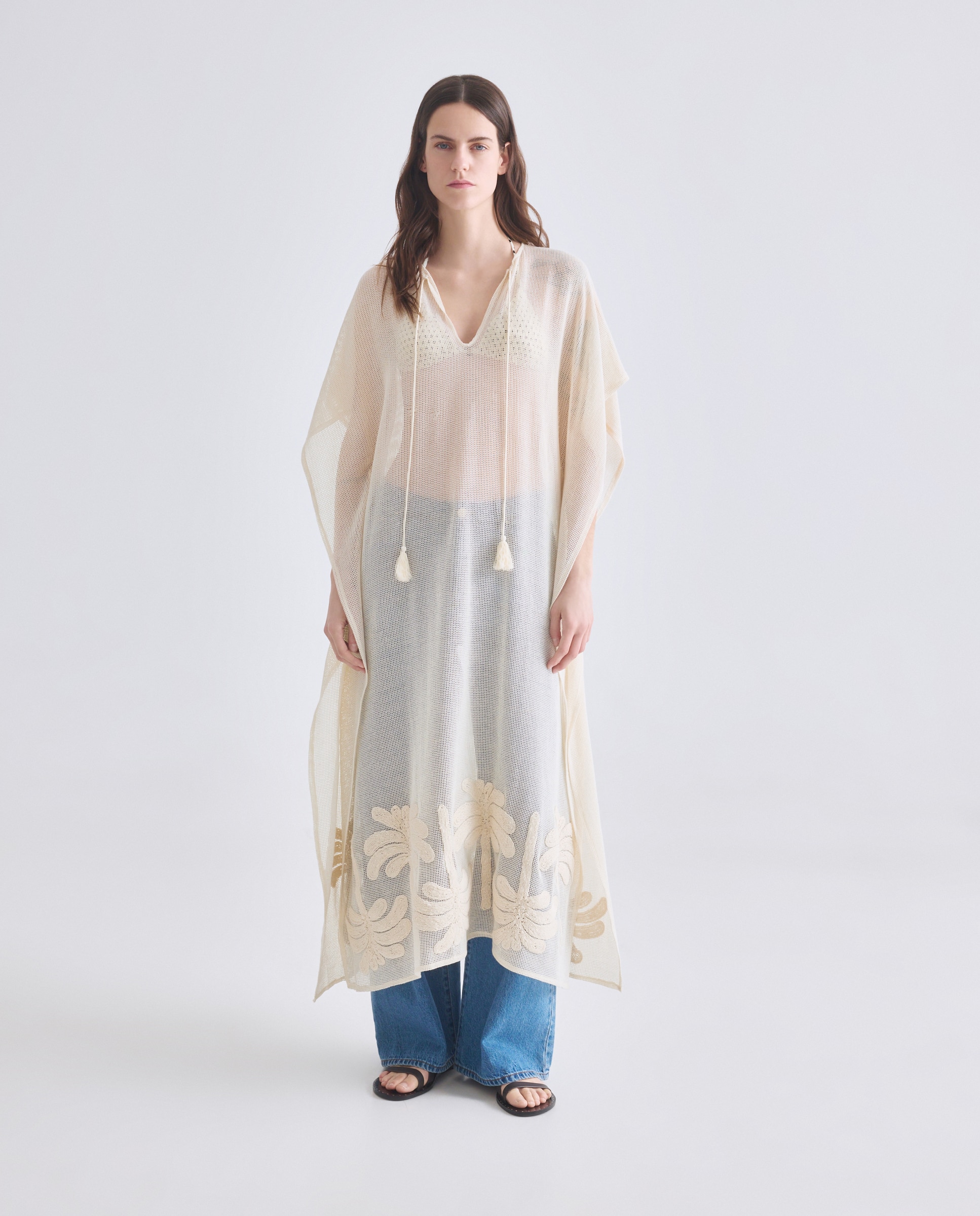 Kaftan Rendilhado com Bordado de Palmeira 120 Cru-5