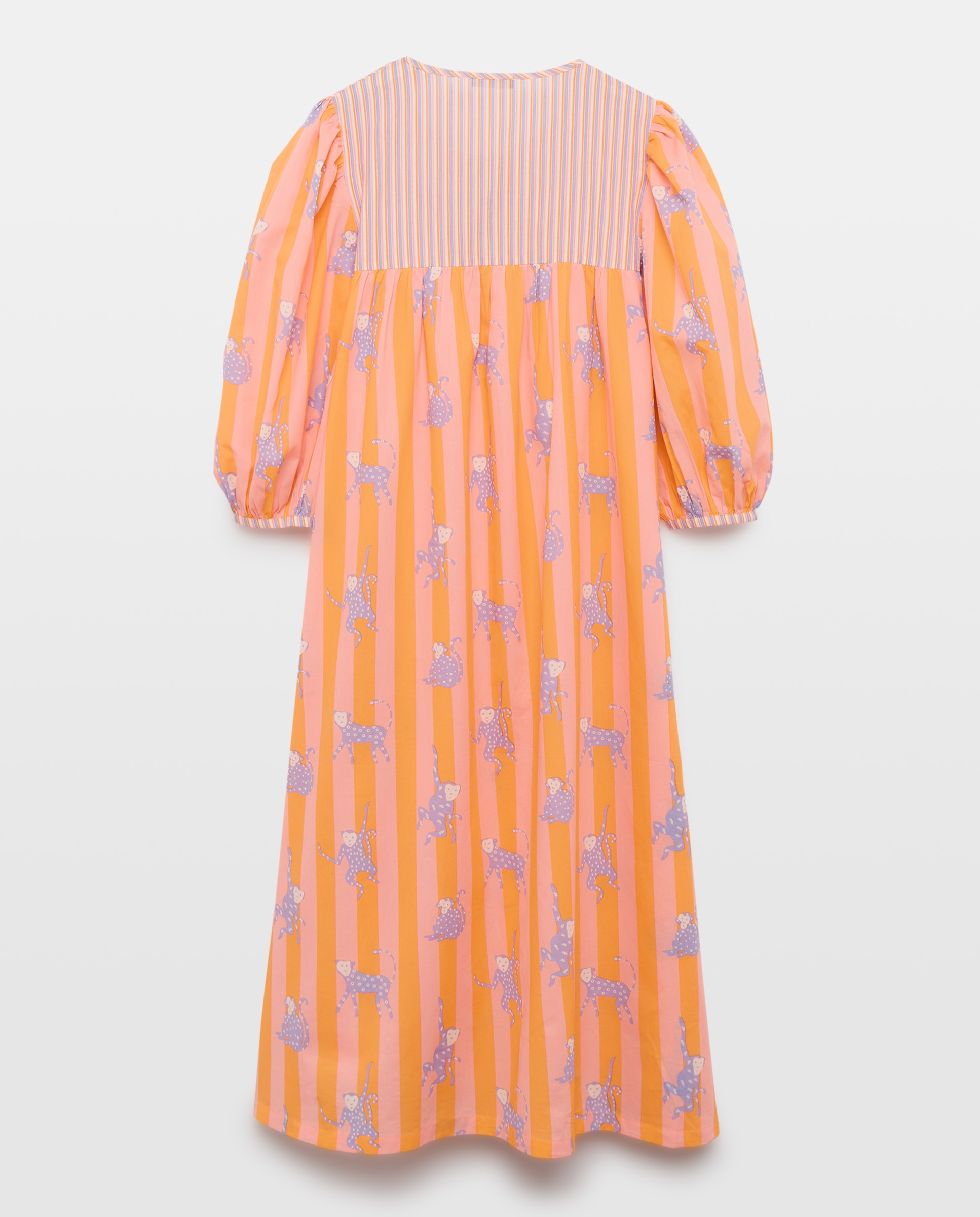 Kaftan de Manga Comprida com Estampado às Riscas e Macacos 630 Coral-2