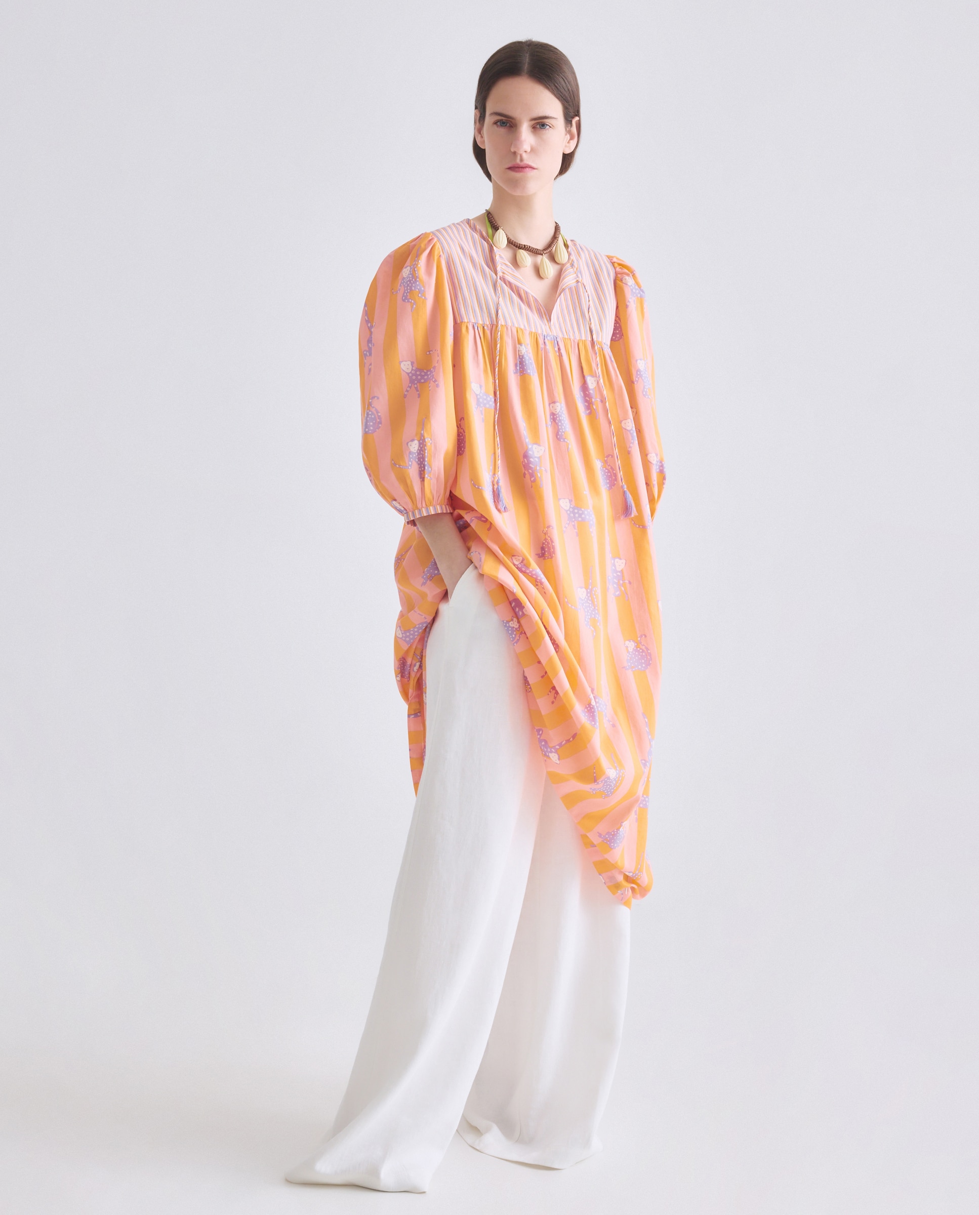 Kaftan de Manga Comprida com Estampado às Riscas e Macacos 630 Coral-4