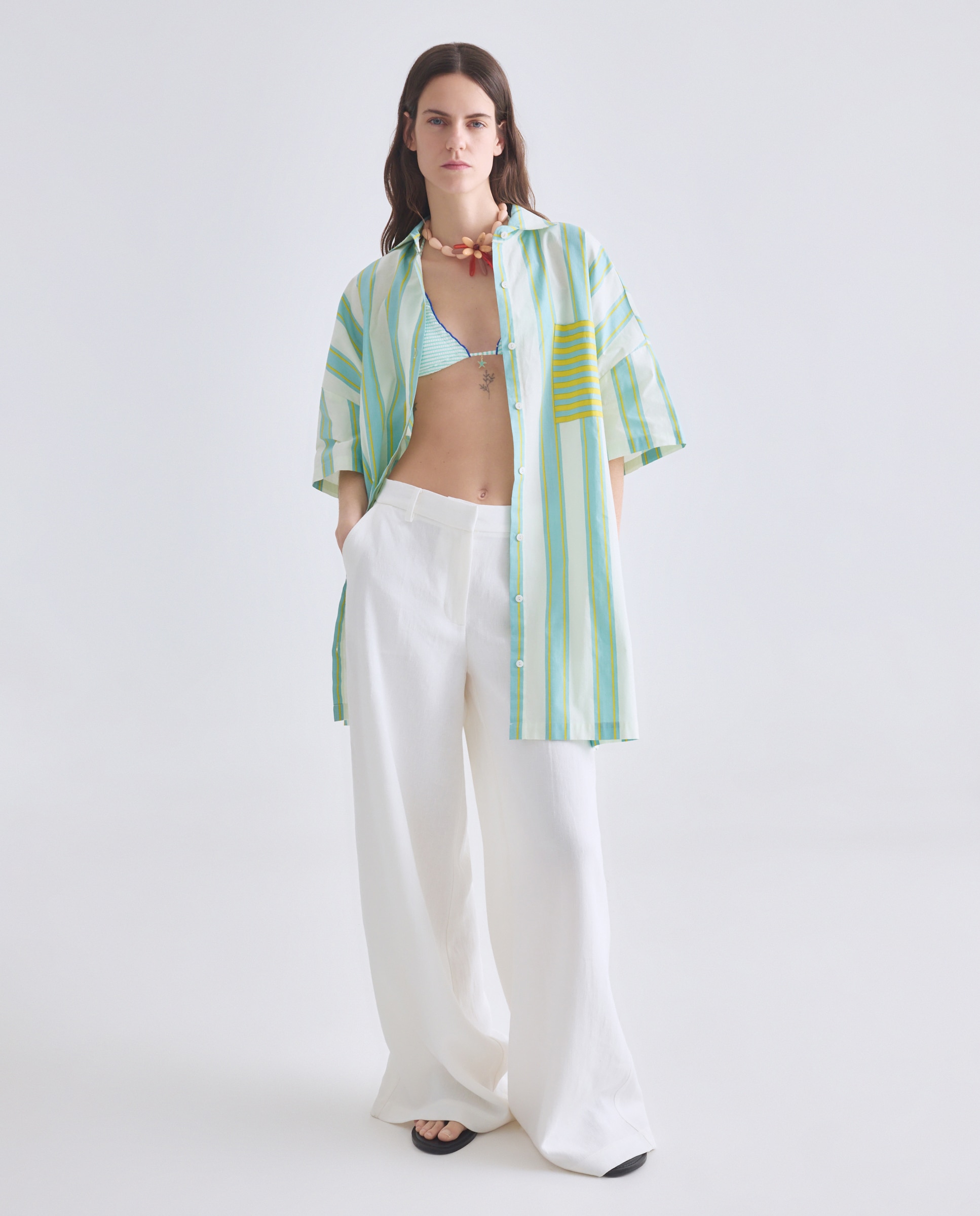 Kaftan às Riscas com Estampado e Bolso em Contraste 582 Verde Água-4