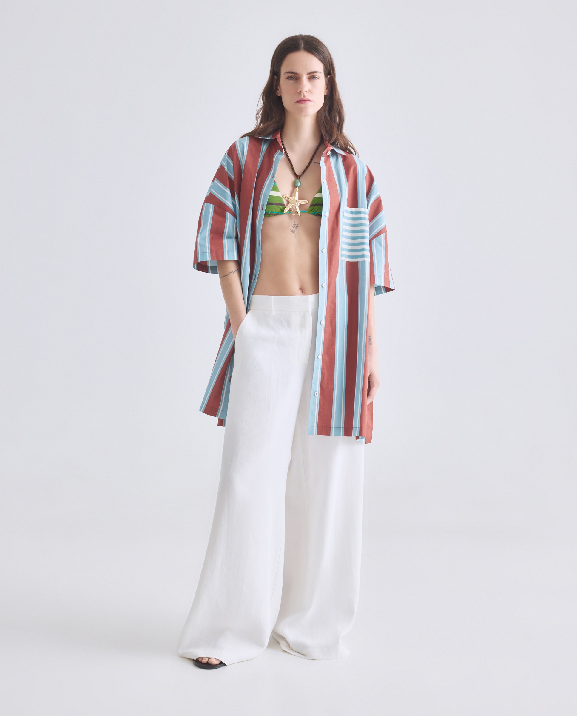 Kaftan às Riscas com Estampado e Bolso em Contraste Castanho-4