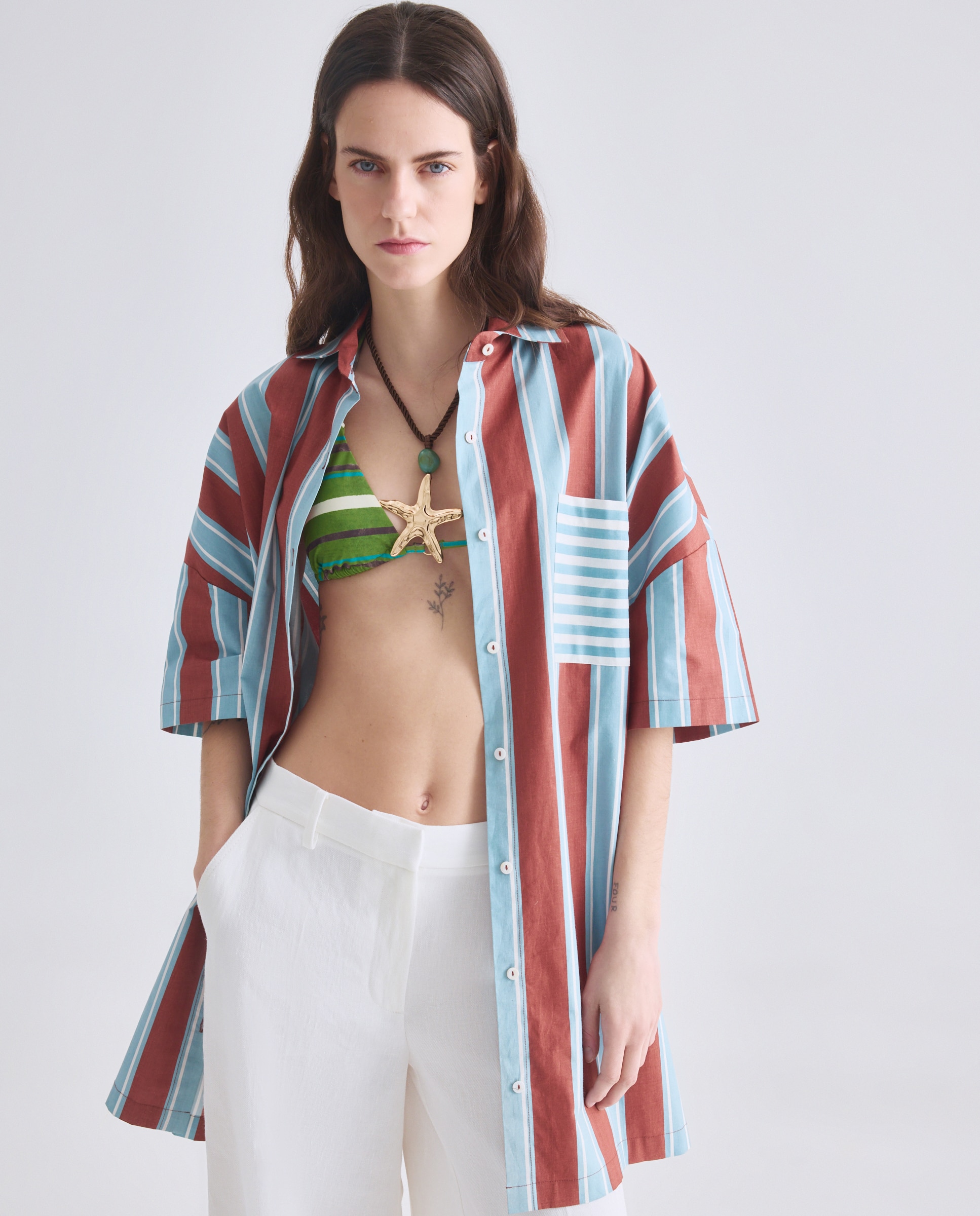 Kaftan às Riscas com Estampado e Bolso em Contraste Castanho-5