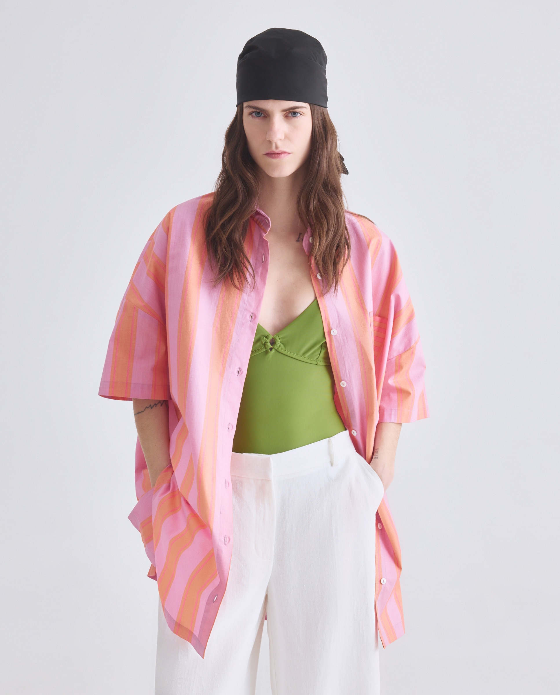 Kaftan às Riscas com Estampado e Bolso em Contraste 630 Coral-4