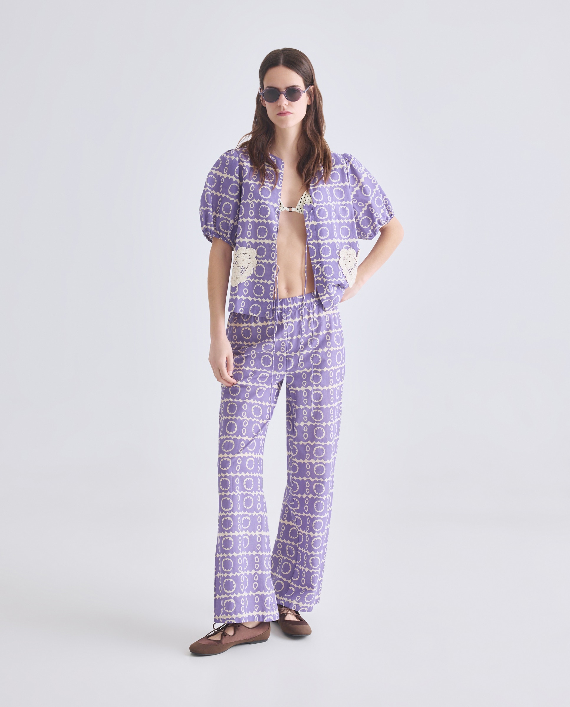 Conjunto de Manga Curta com Estampado de Bolsos de Crochet 284 Lilás-4