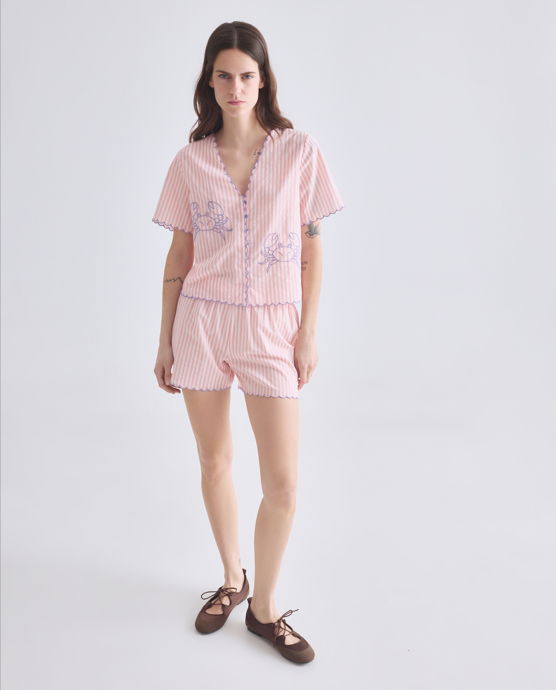 Conjunto às Riscas com Detalhe de Caranguejos 200 Rosa-4