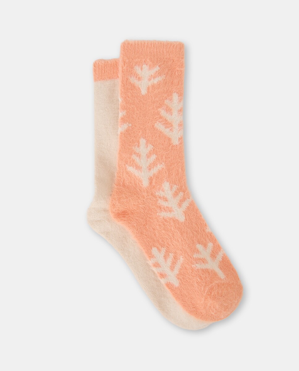 Pack de 2 Pares de Meias - Liso/Estampado de Folha e Liso 630 Coral-1