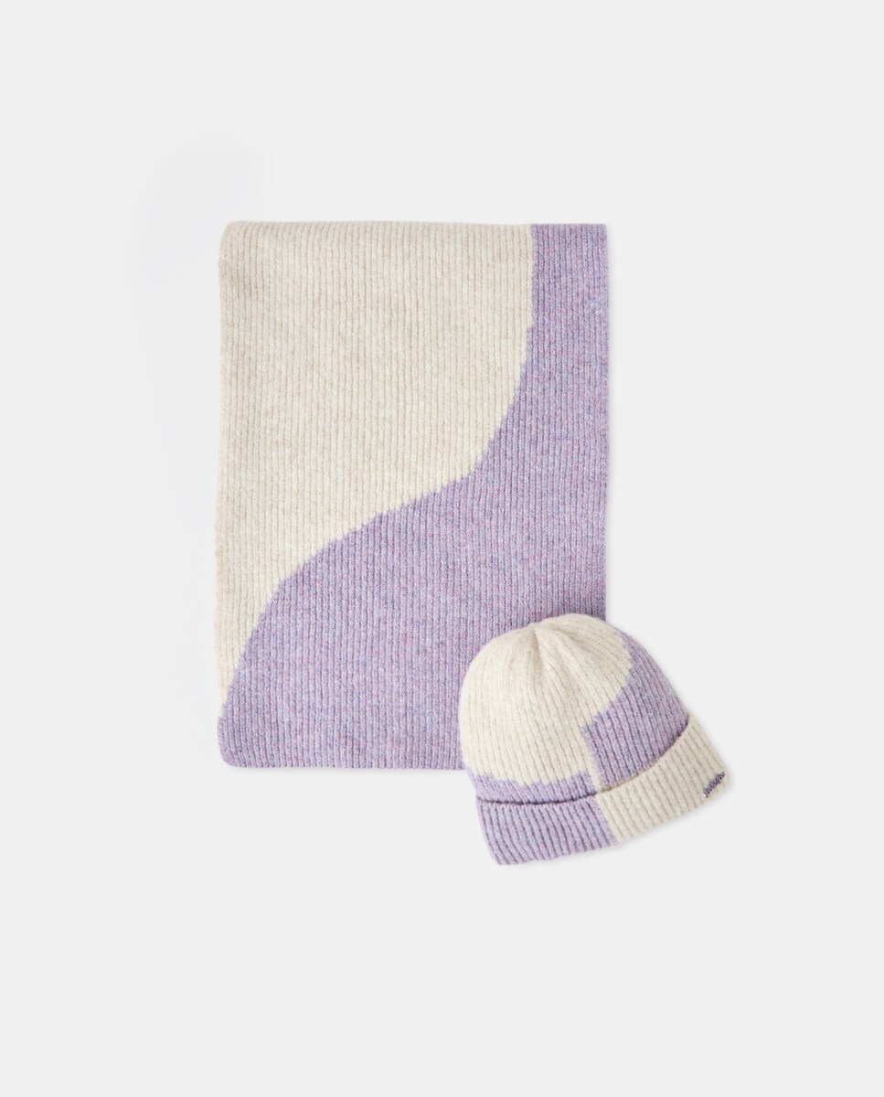 Conjunto de Gorro e Cachecol Bicolor com Ondas Roxo-2