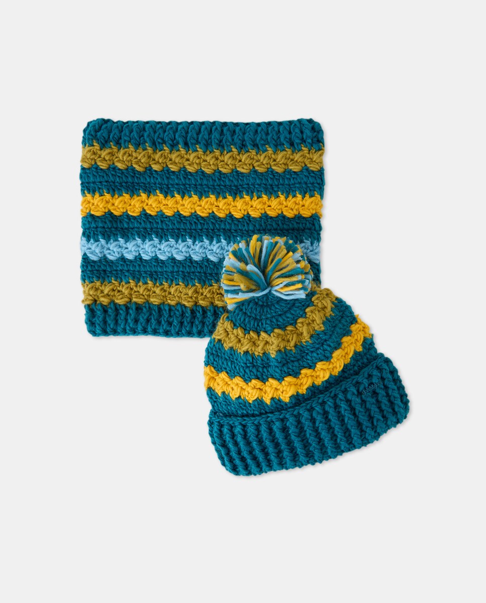 Conjunto de Gorro com Pompom e Gola Entrançada em Contraste Azul-escuro-2