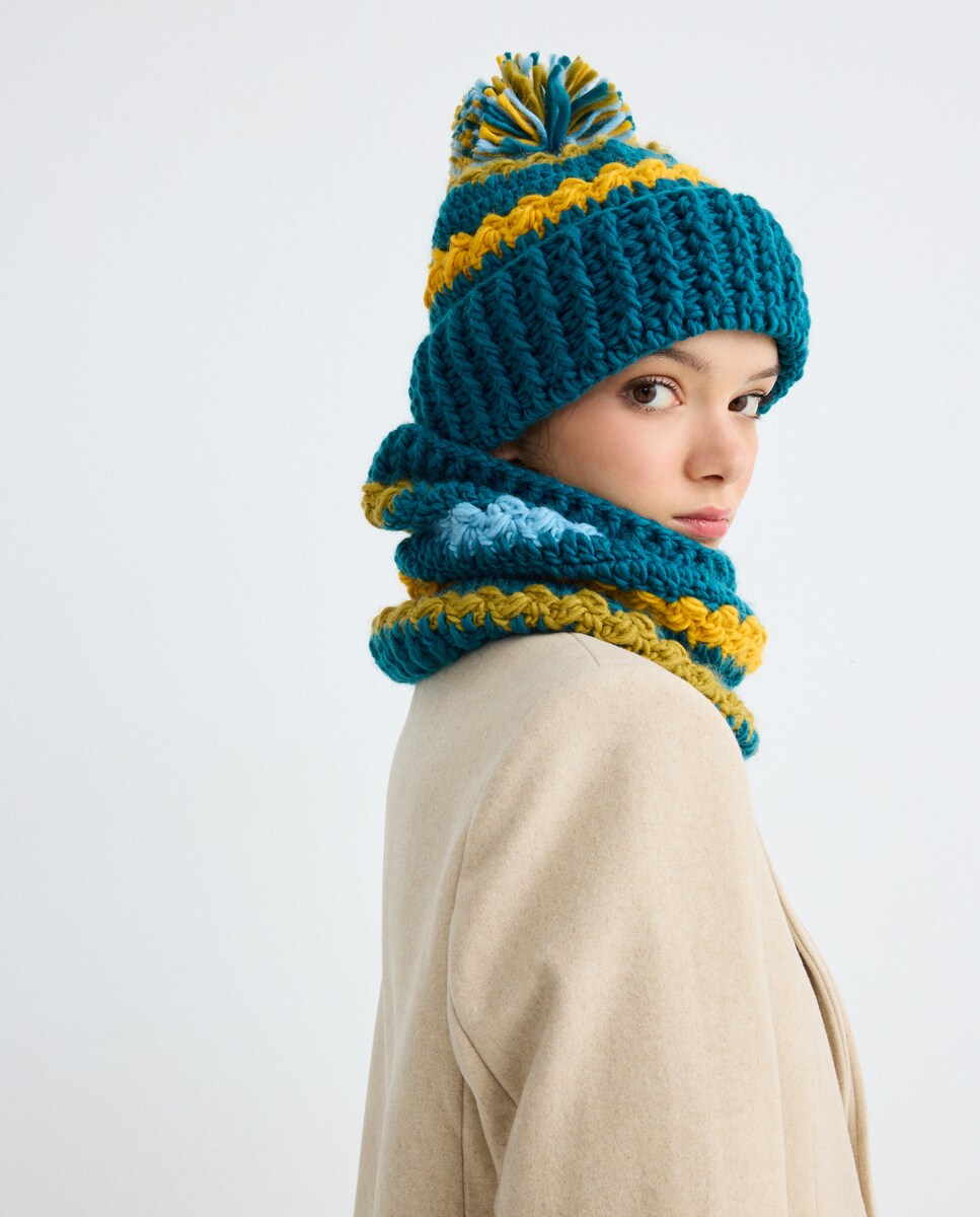 Conjunto de Gorro com Pompom e Gola Entrançada em Contraste Azul-escuro-6