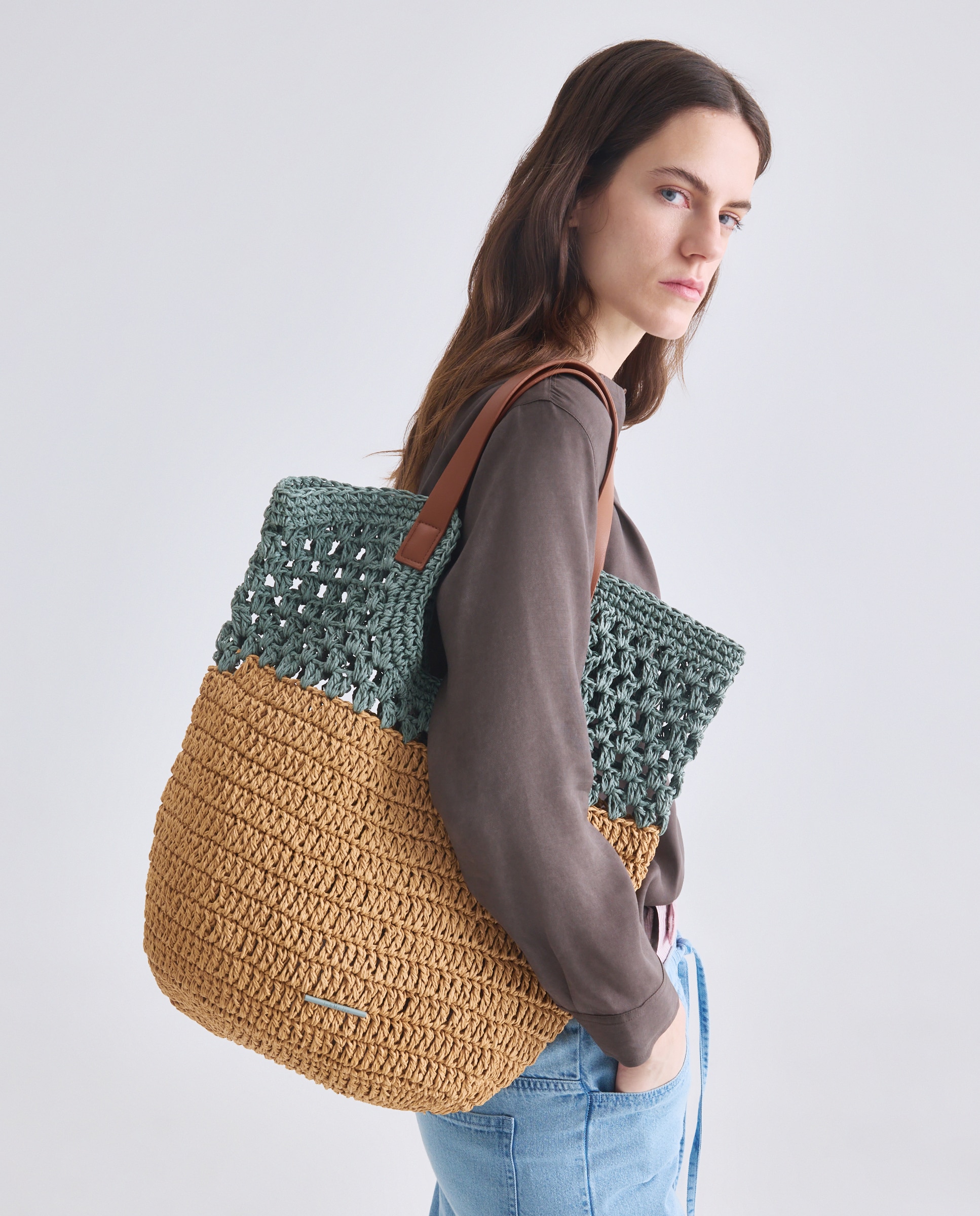 Mala Shopper com Macramé Bicolor 400 Azul-5