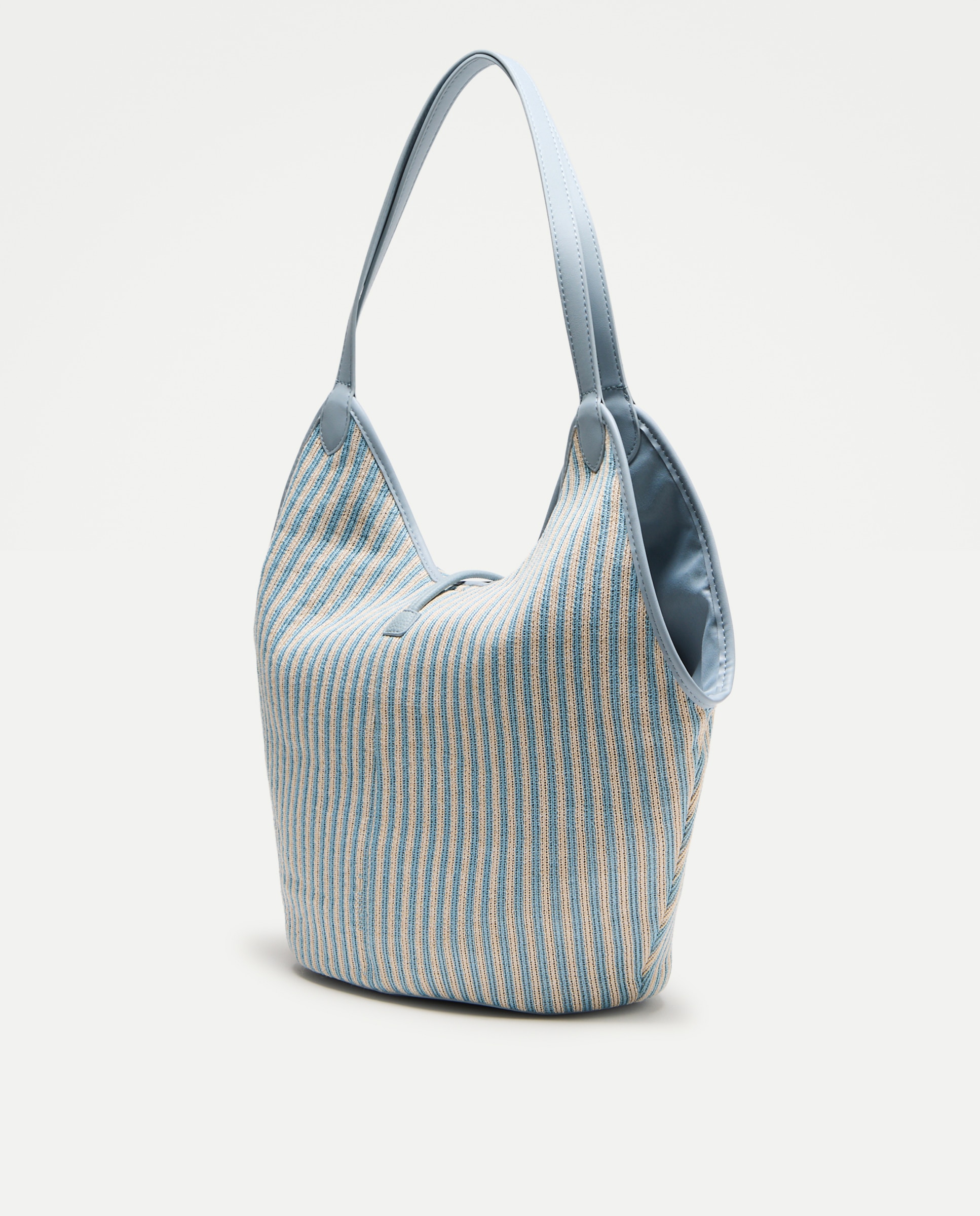 Mala de Ombro em Tecido às Riscas com Conta Floral 400 Azul-2