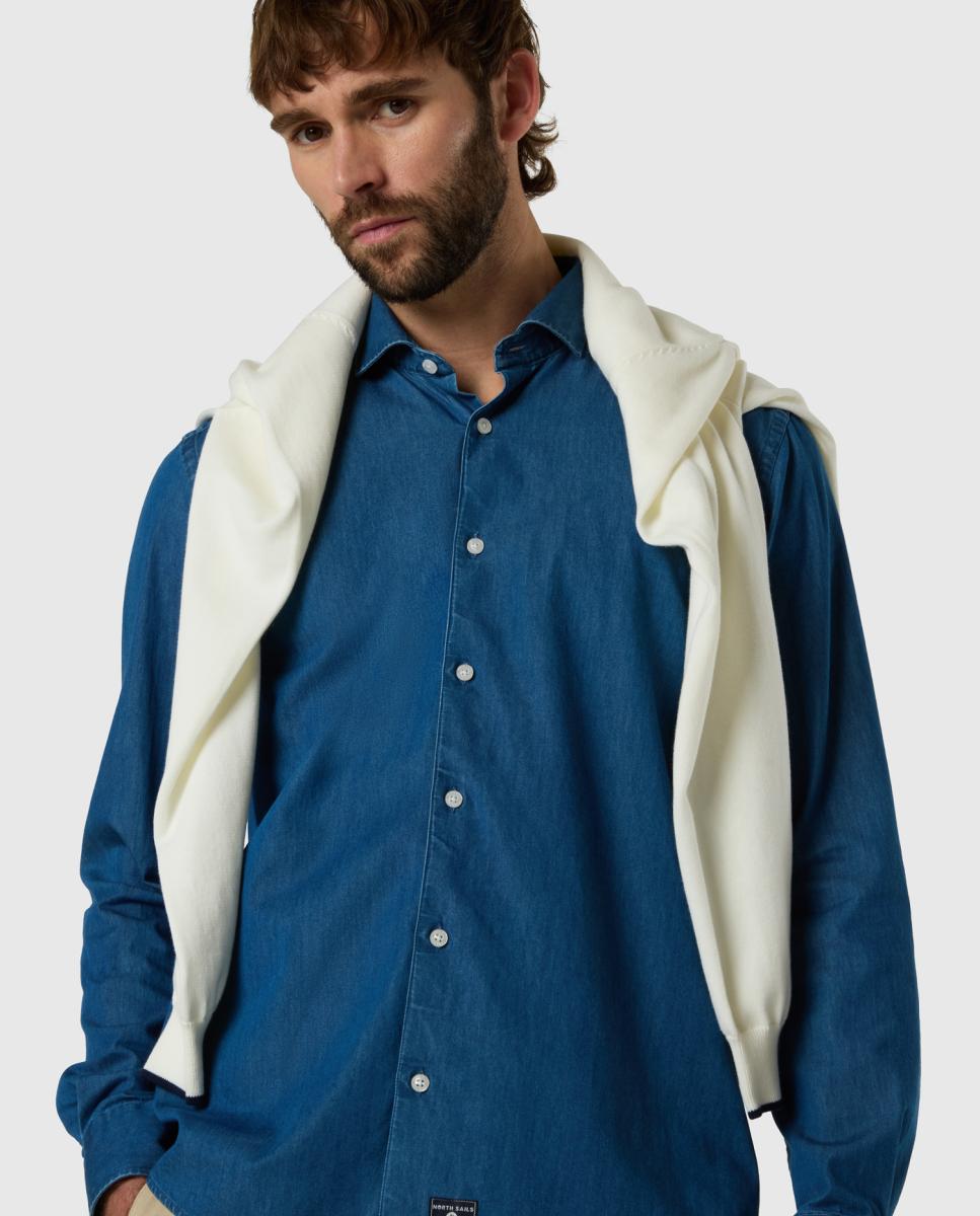 Camisa de Sarja e Ganga com Gola Italiana Azul-4