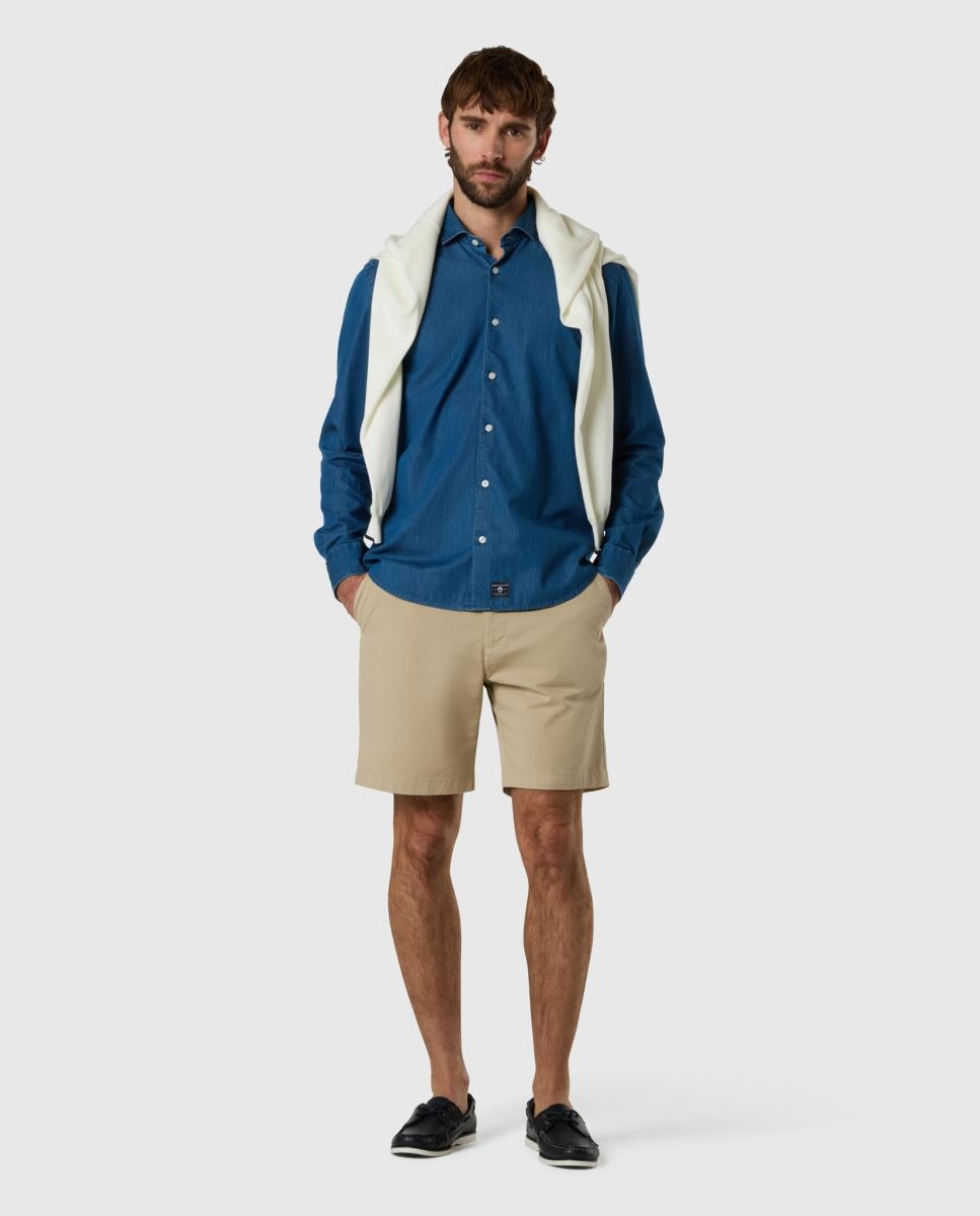 Camisa de Sarja e Ganga com Gola Italiana Azul-6