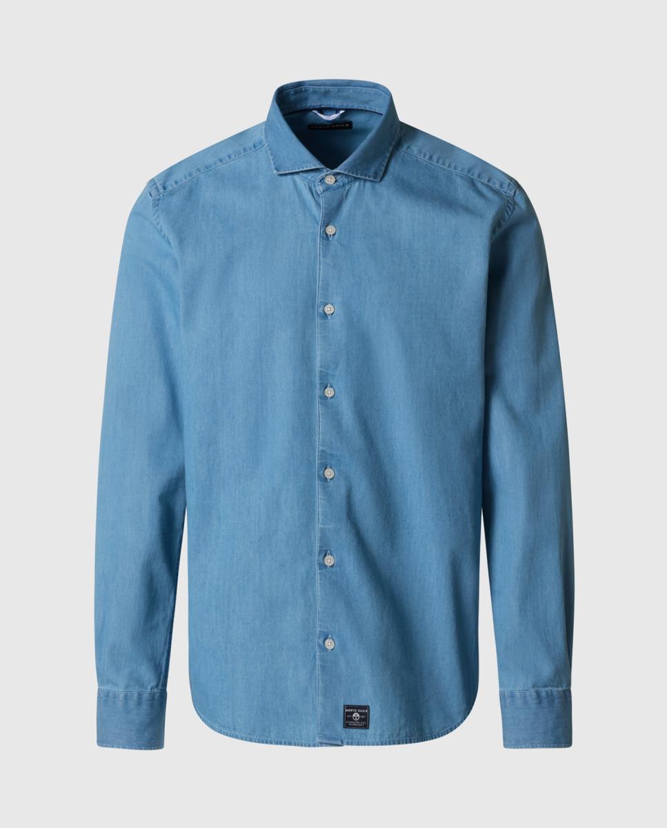 Camisa de Sarja e Ganga com Gola Italiana Azul-5