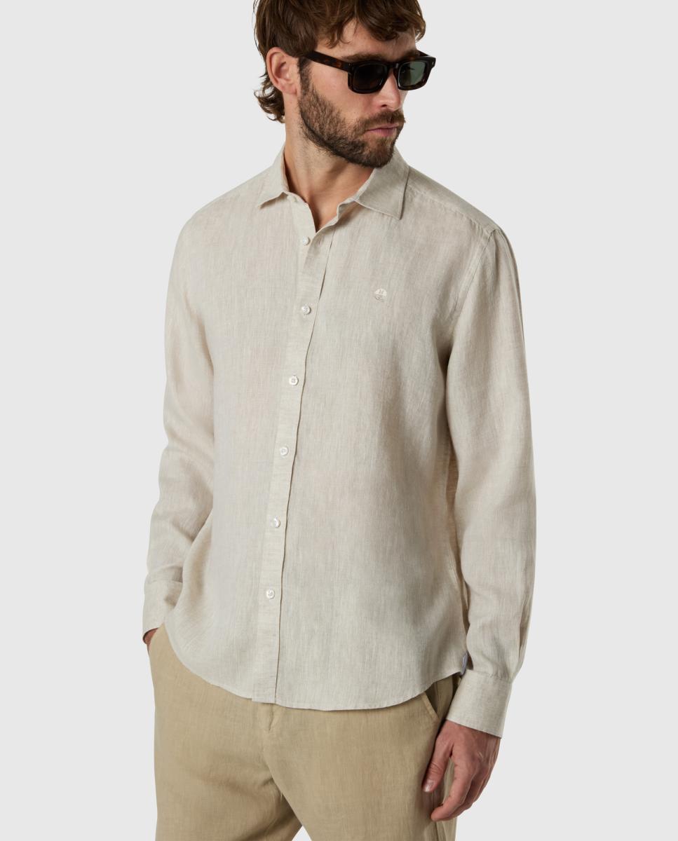 Camisa de Linho com Gola Aberta Bege-3
