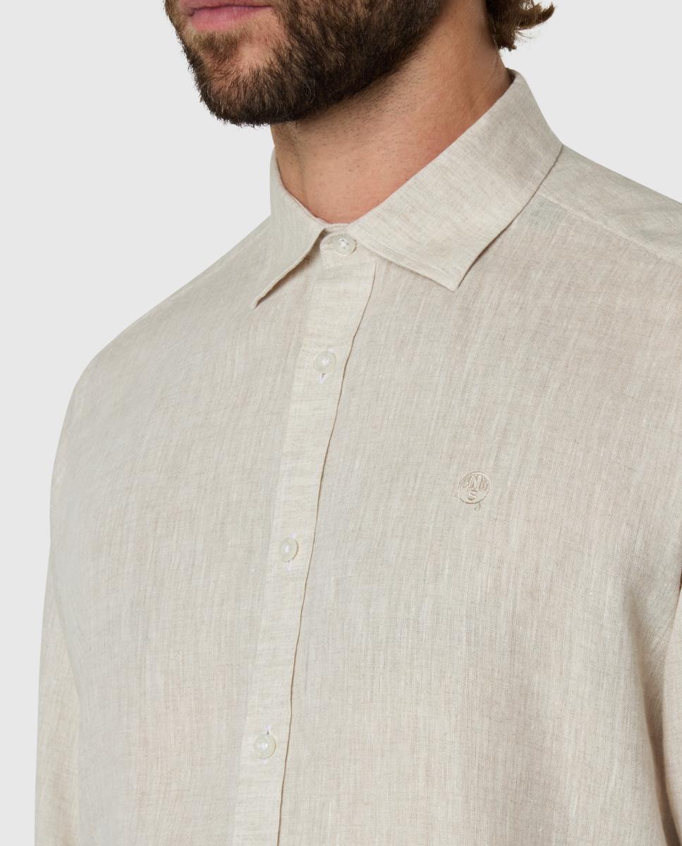 Camisa de Linho com Gola Aberta Bege-4