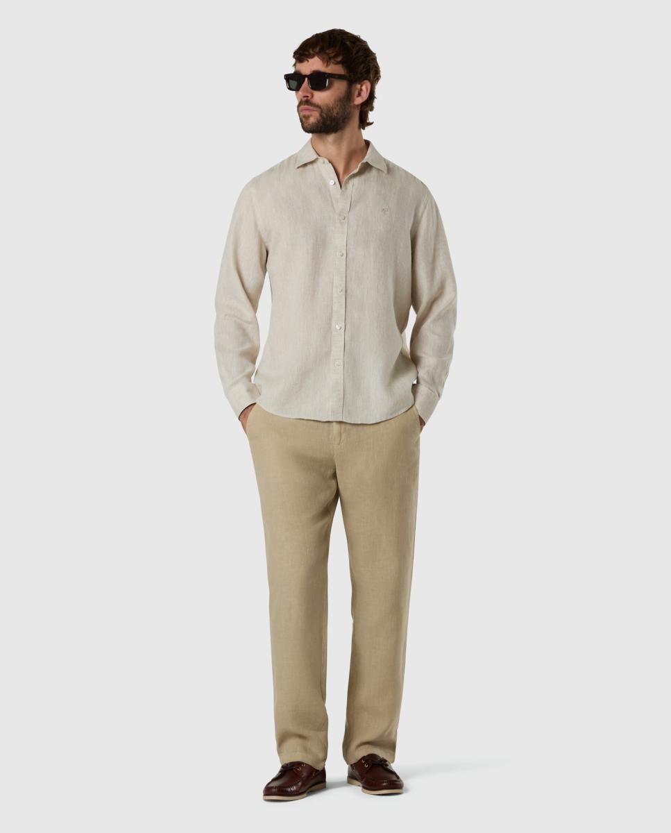 Camisa de Linho com Gola Aberta Bege-5