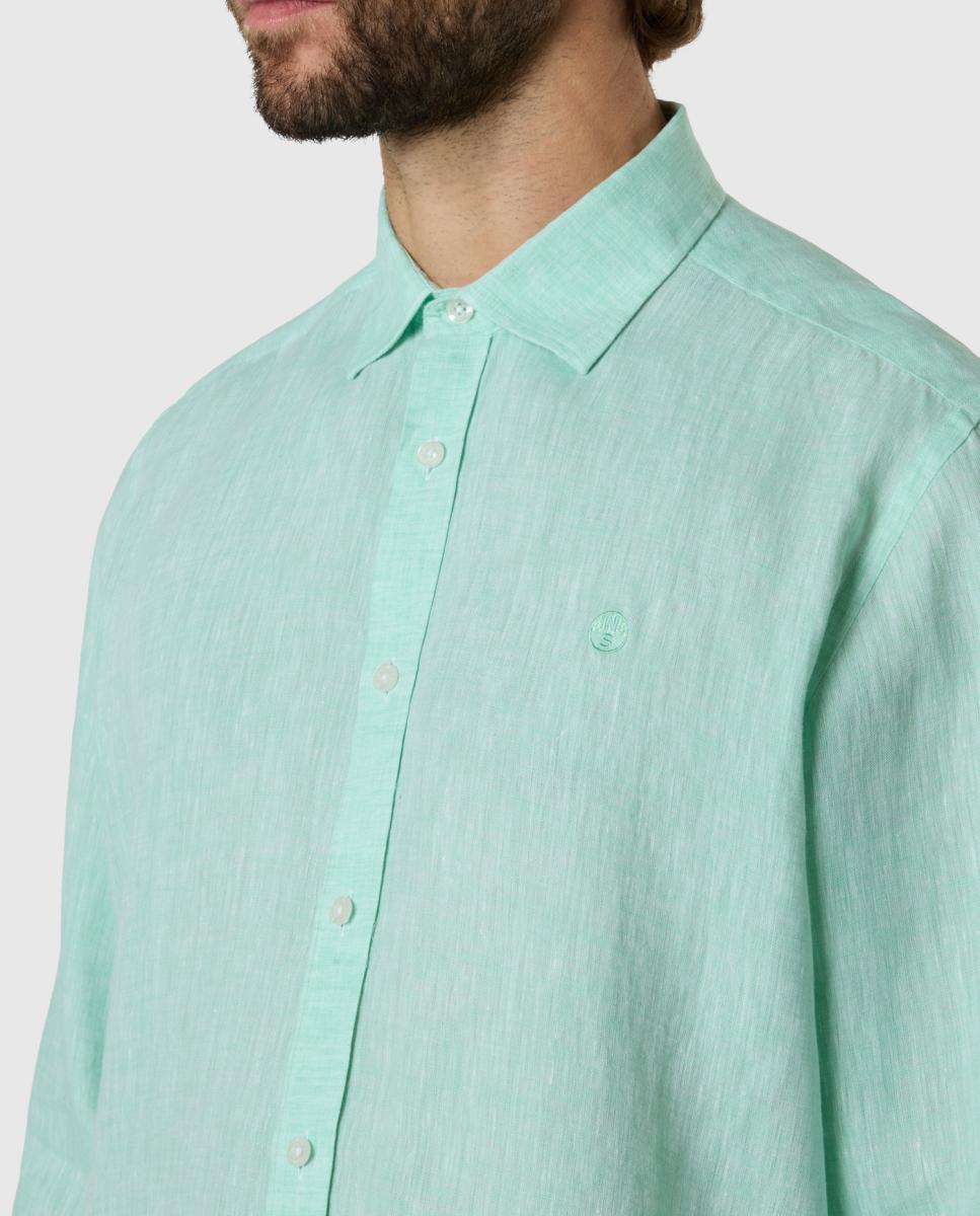 Camisa de Linho com Gola Aberta Verde-claro-3