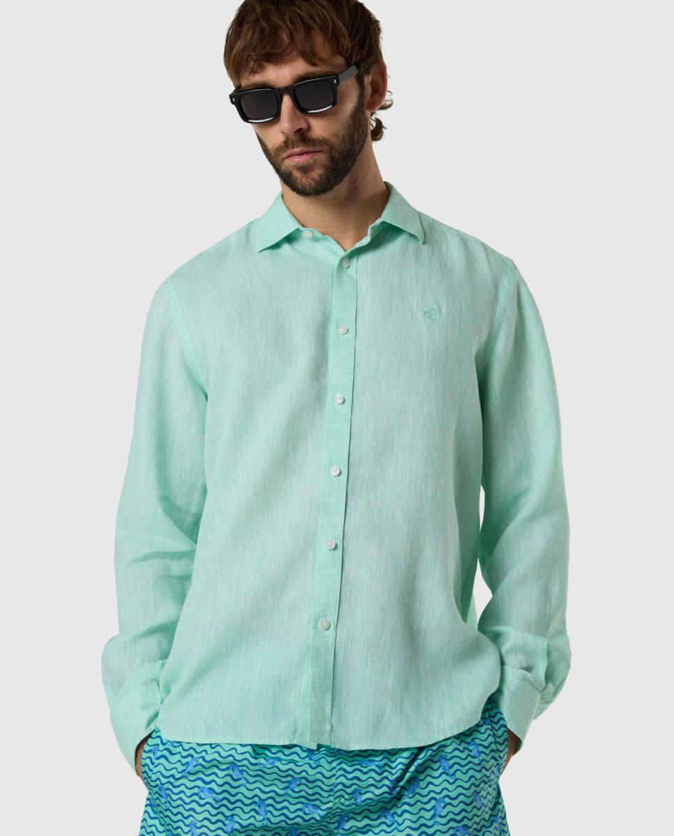 Camisa de Linho com Gola Aberta Verde-claro-4