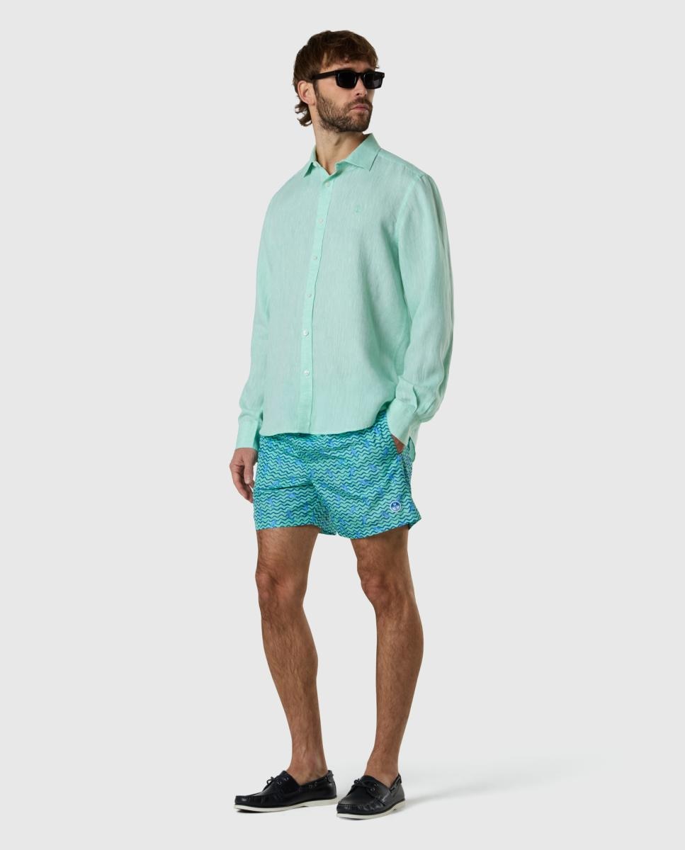 Camisa de Linho com Gola Aberta Verde-claro-6