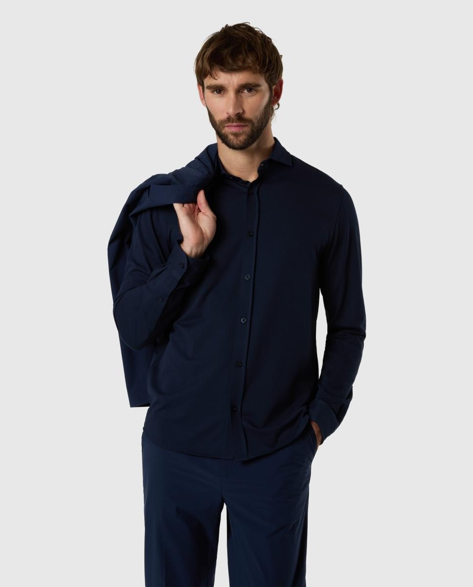 Camisa Stretch Piqué com Gola Italiana Azul-marinho-3