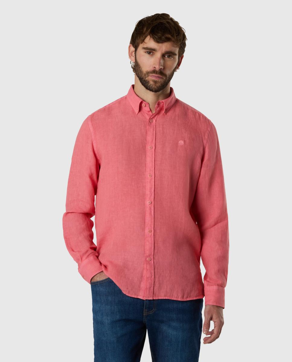 Camisa de Linho com Botão no Colarinho Rosa-1