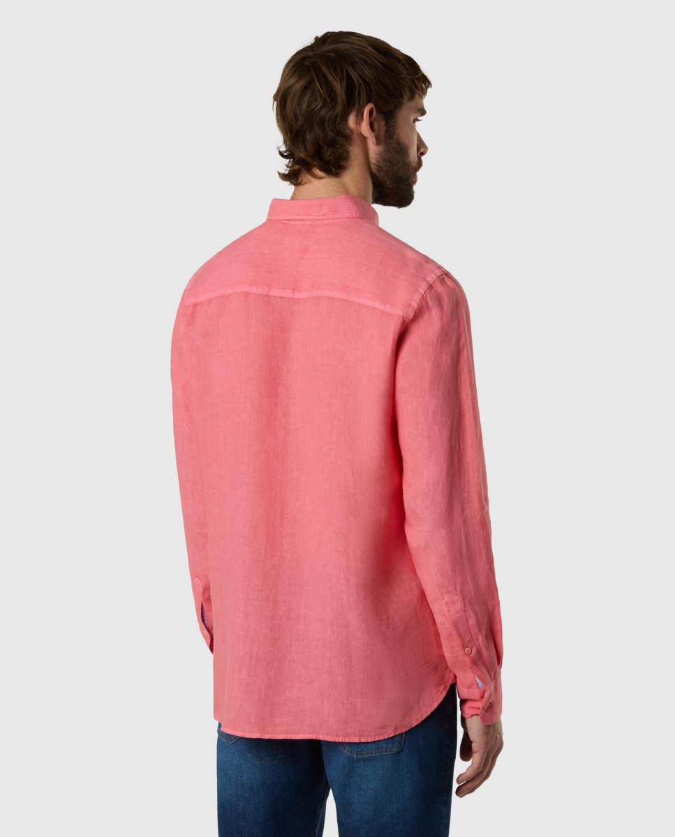 Camisa de Linho com Botão no Colarinho Rosa-2