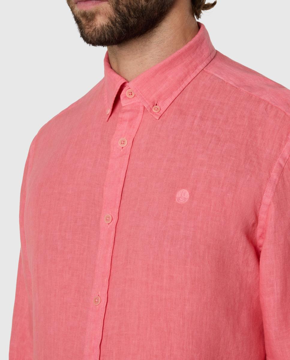 Camisa de Linho com Botão no Colarinho Rosa-3