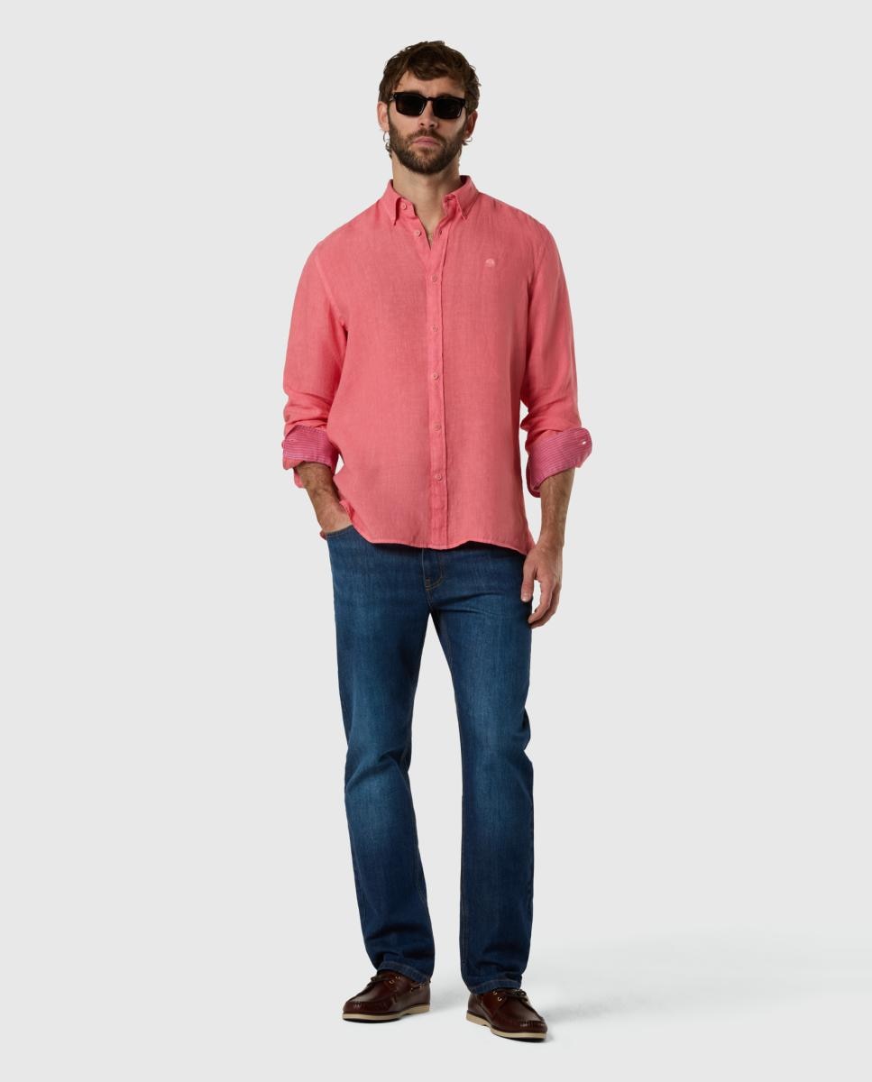 Camisa de Linho com Botão no Colarinho Rosa-5
