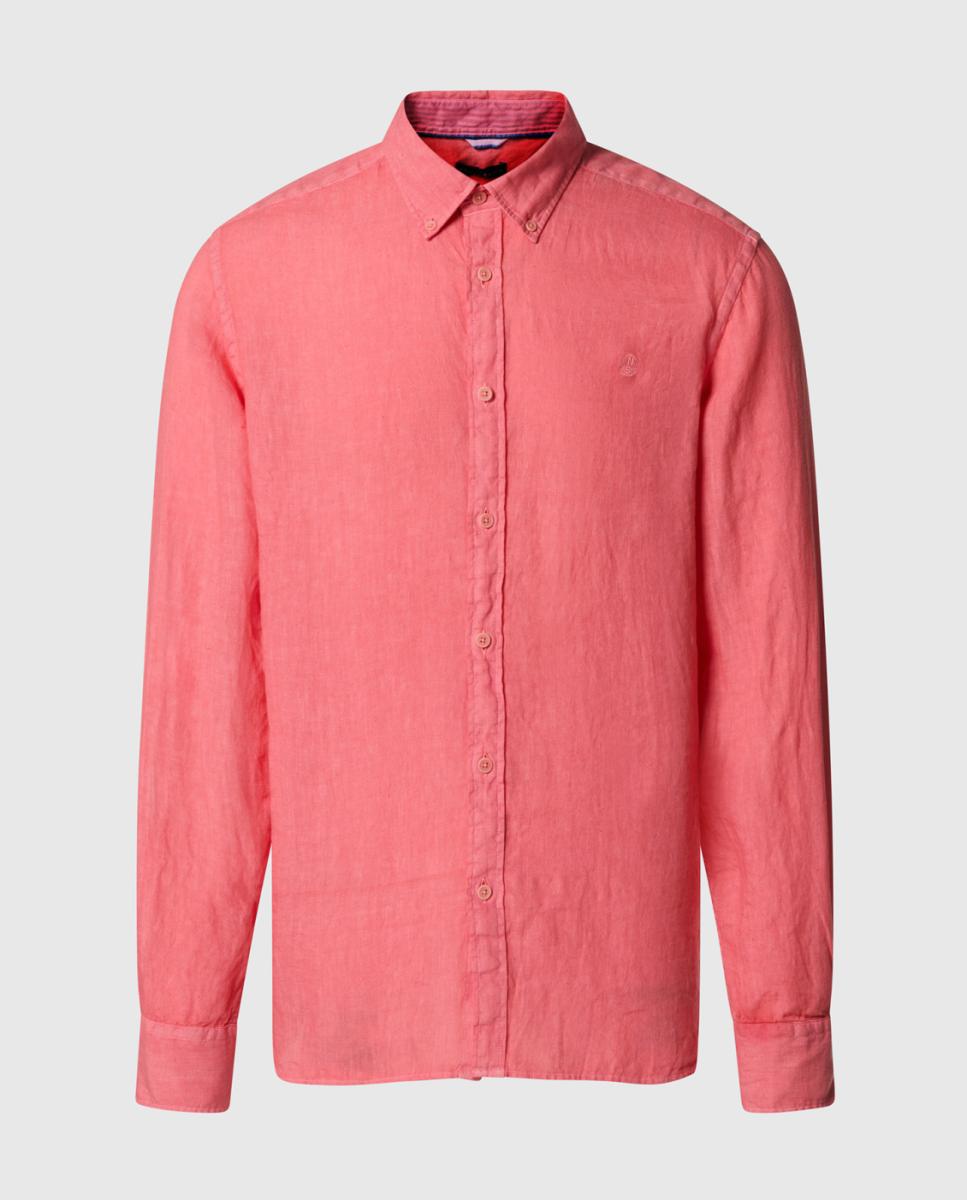 Camisa de Linho com Botão no Colarinho Rosa-4