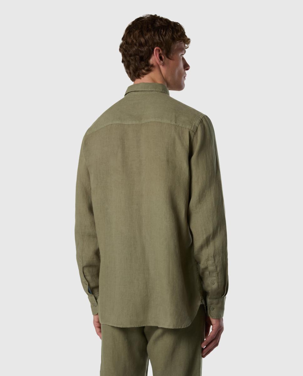 Camisa de Linho com Botão no Colarinho Verde-militar-2