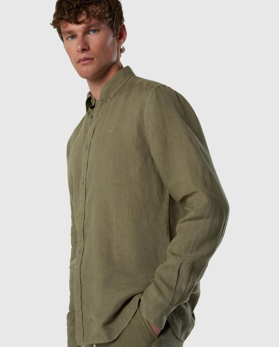 Camisa de Linho com Botão no Colarinho Verde-militar-3