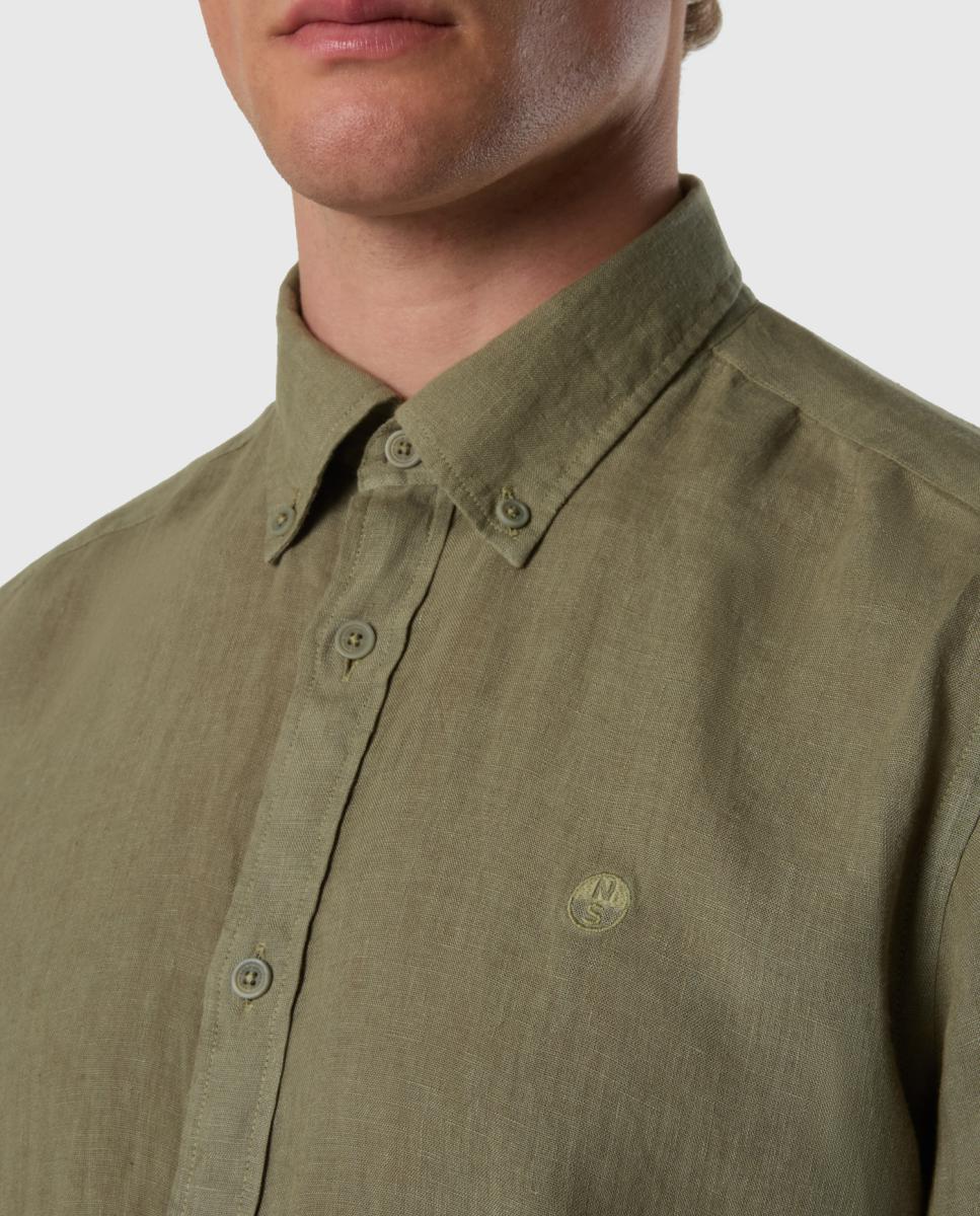 Camisa de Linho com Botão no Colarinho Verde-militar-4