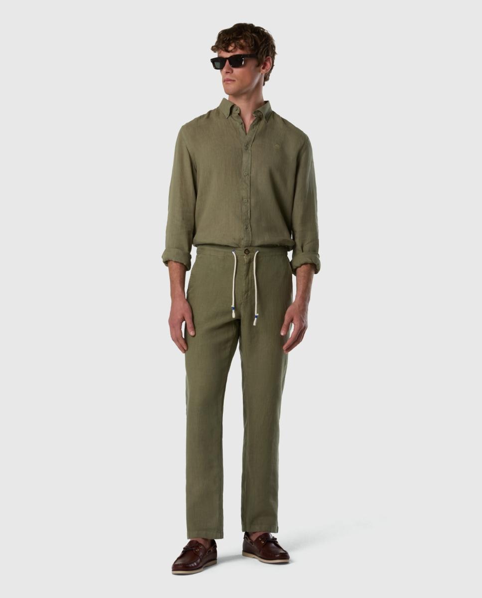 Camisa de Linho com Botão no Colarinho Verde-militar-6