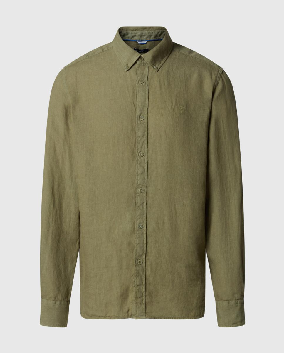Camisa de Linho com Botão no Colarinho Verde-militar-5