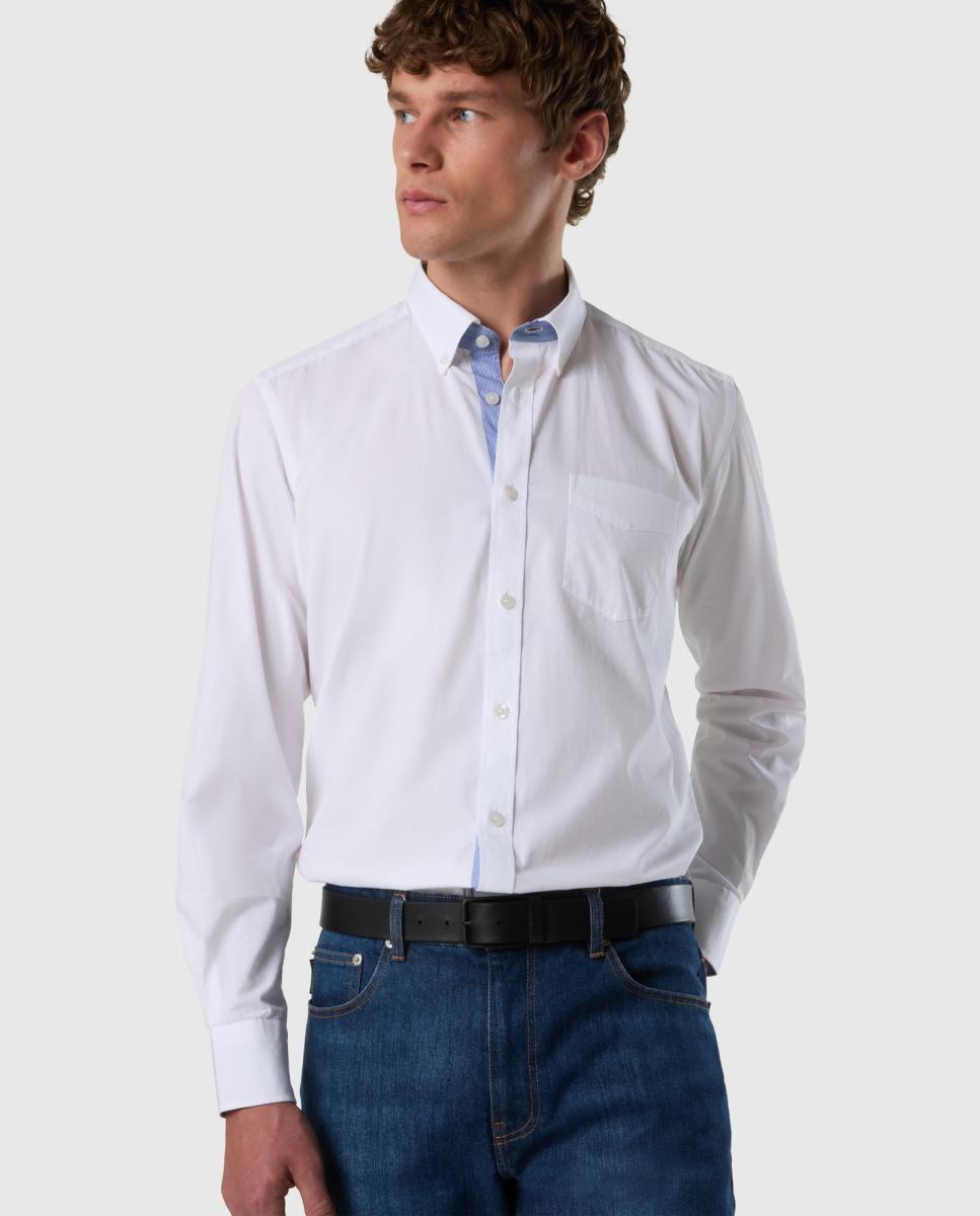 Camisa de Popelina com Botão no Colarinho Branco-4