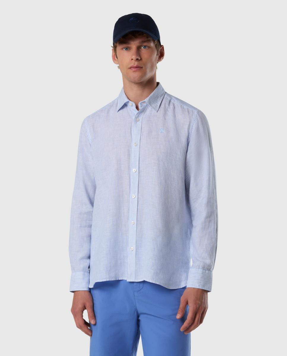 Imagem 0 de Camisa de Linho às Riscas com Gola Aberta