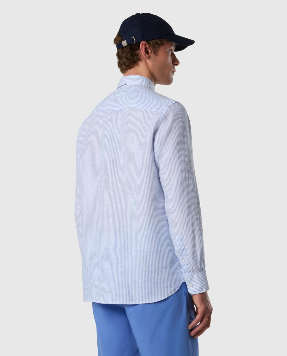 Camisa de Linho às Riscas com Gola Aberta Azul-2