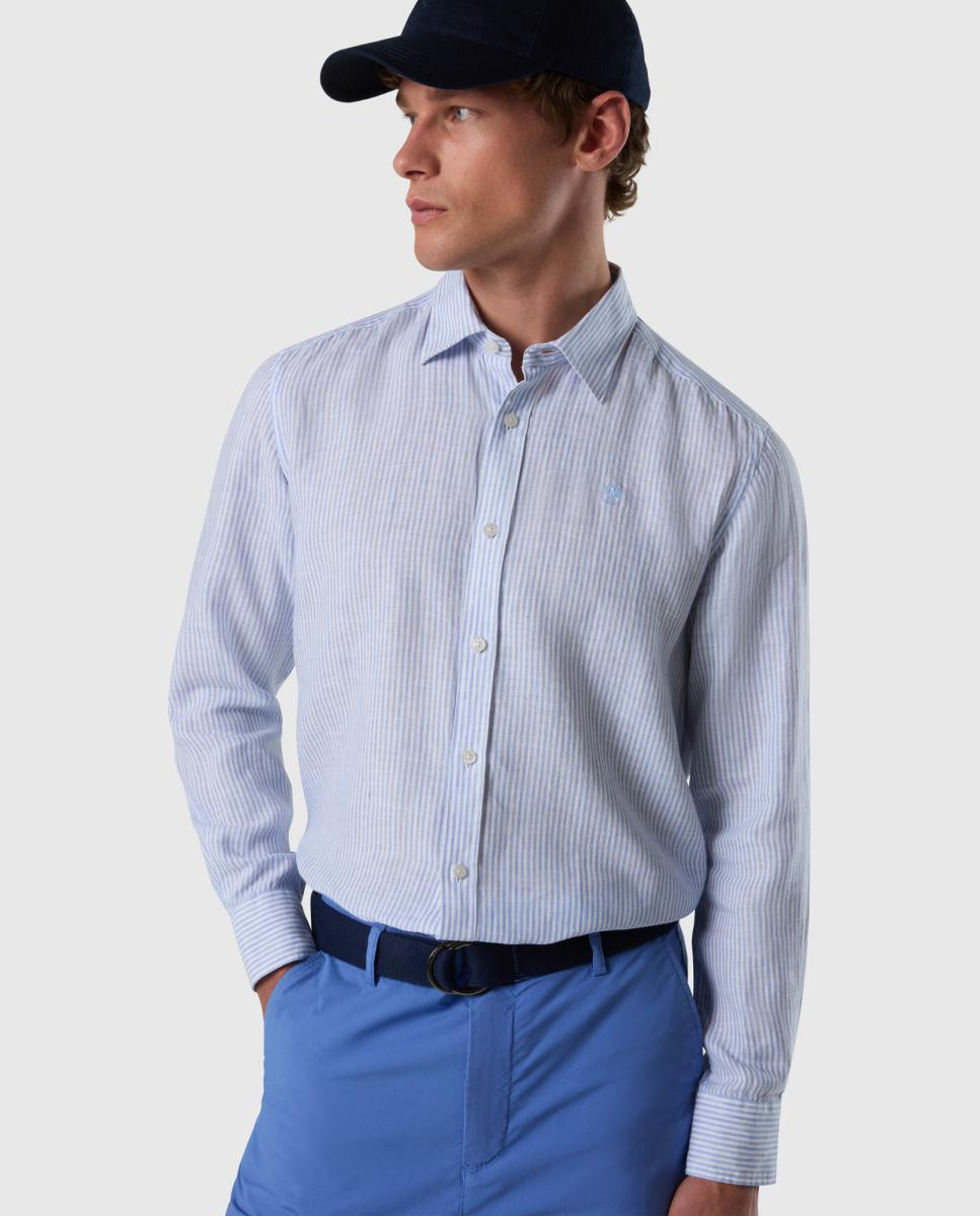 Camisa de Linho às Riscas com Gola Aberta Azul-3