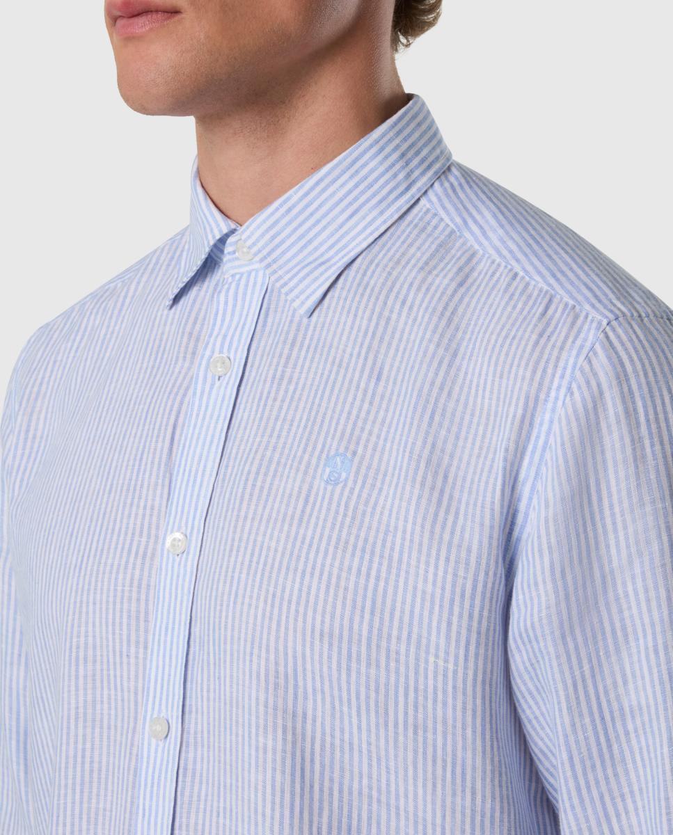 Camisa de Linho às Riscas com Gola Aberta Azul-4