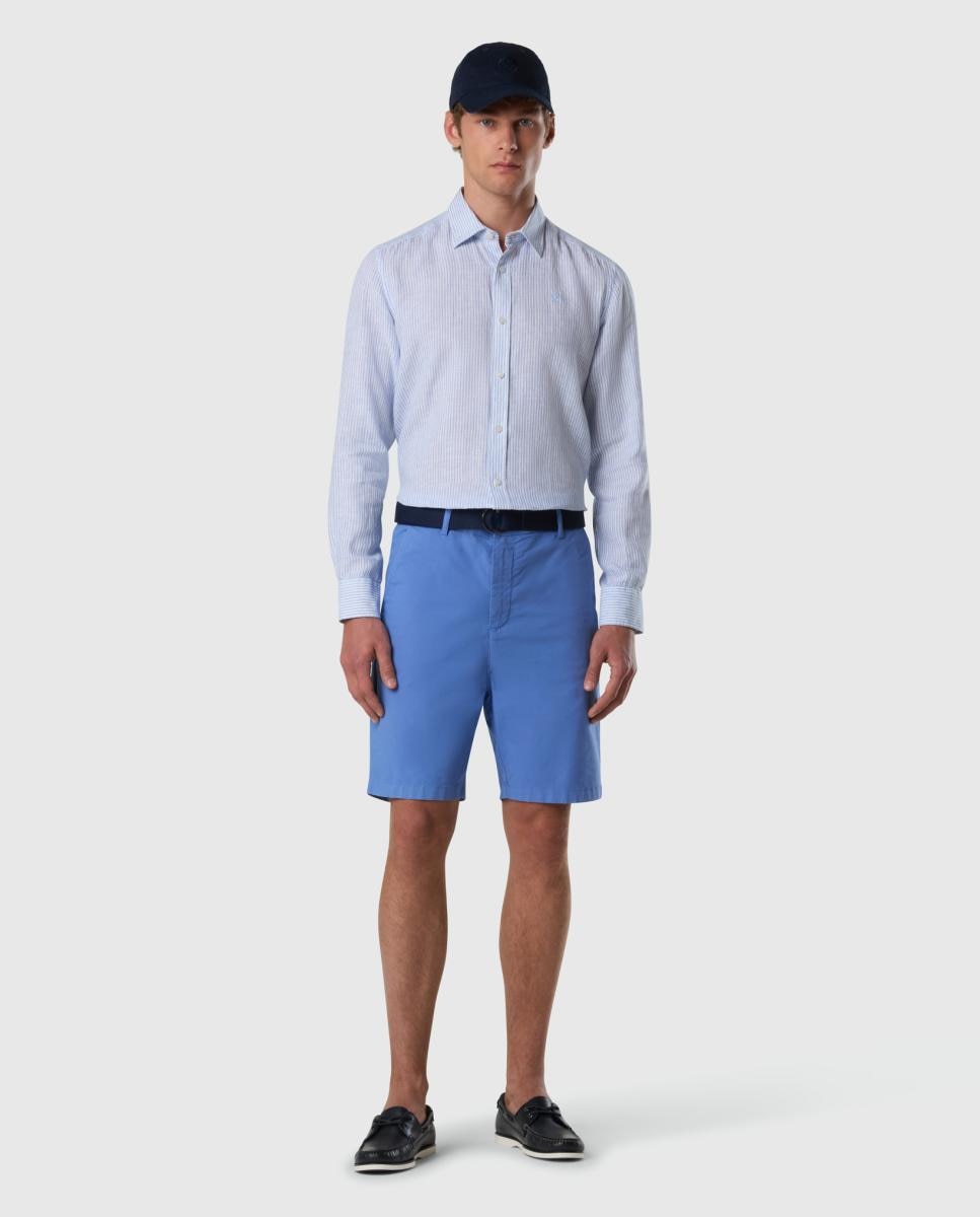Camisa de Linho às Riscas com Gola Aberta Azul-6