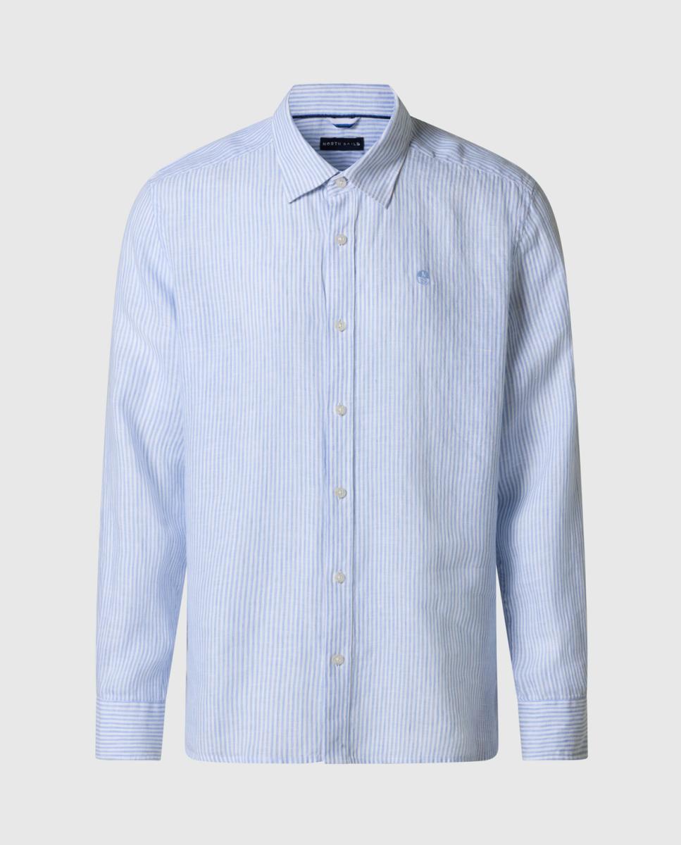 Camisa de Linho às Riscas com Gola Aberta Azul-5