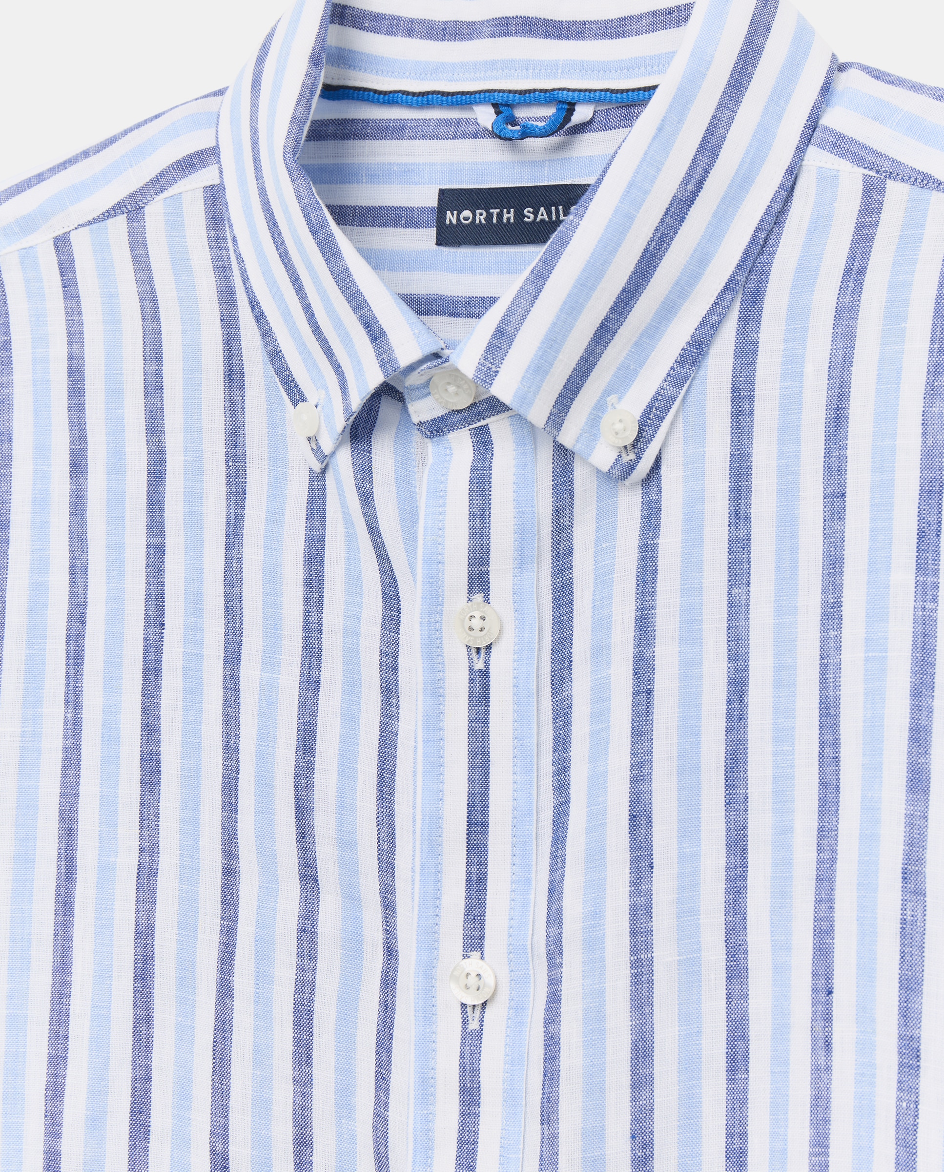 Camisa de Linho às Riscas com Botão no Colarinho Azul-3