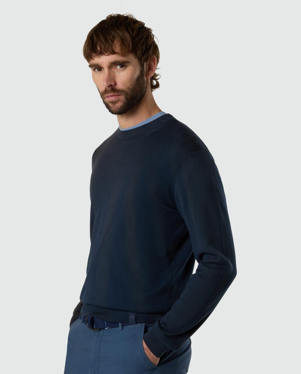 Camisola de Malha de Algodão Orgânico com Gola Redonda Azul-marinho-3