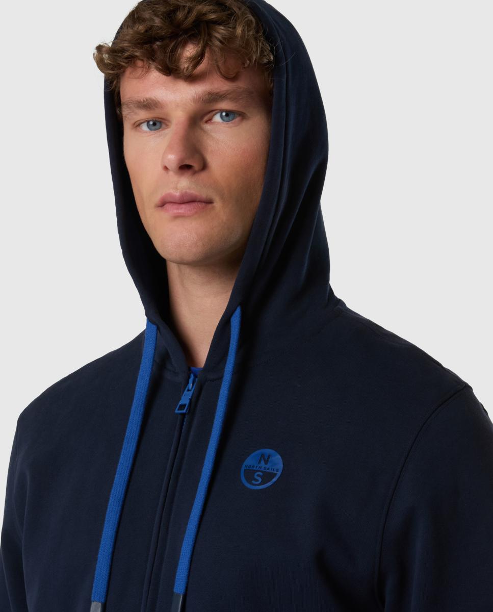 Sweatshirt de Algodão Orgânico com Fecho de Correr e Capuz Azul-marinho-3