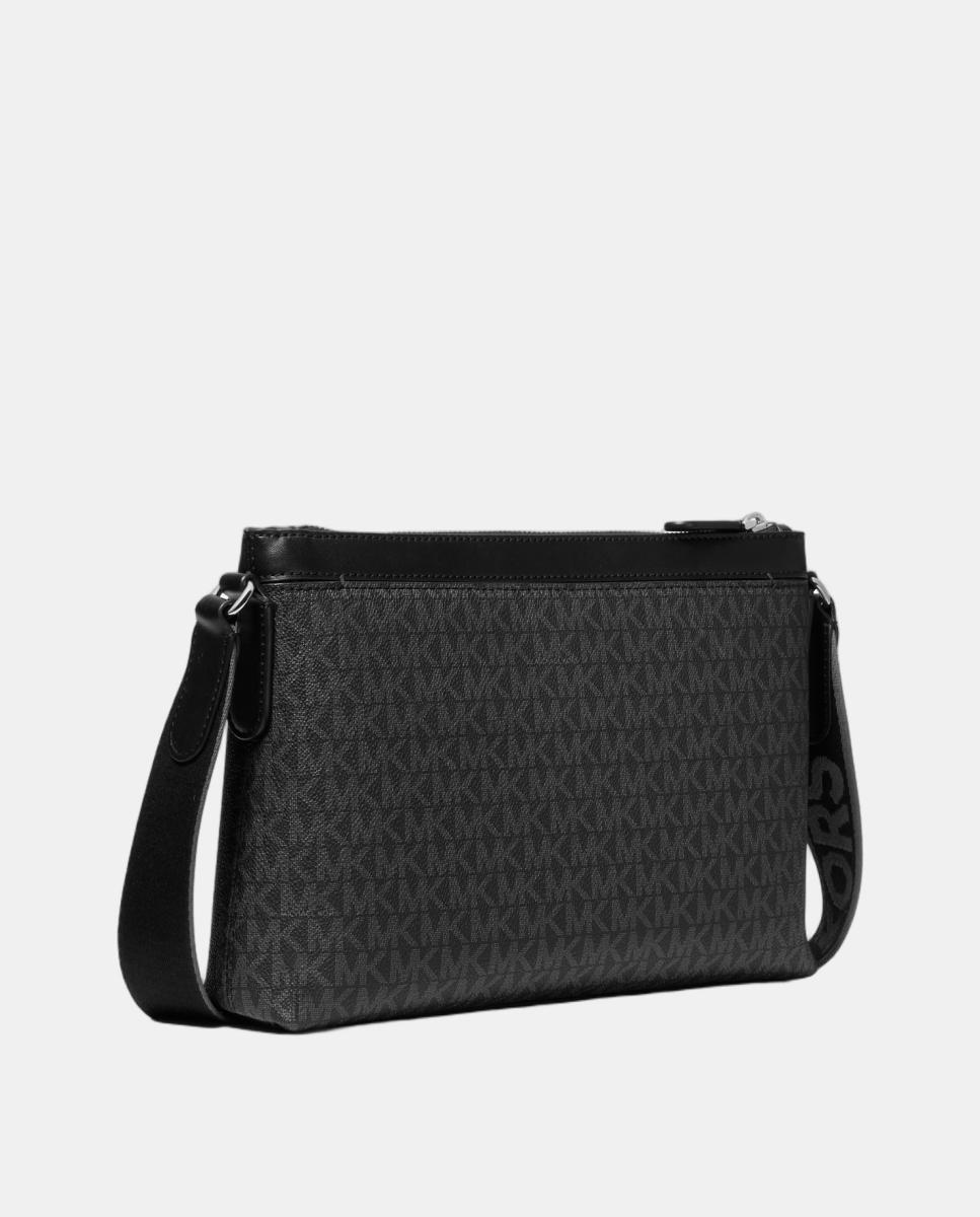 Mala a Tiracolo com Fecho de Correr Superior e Estampado de Logótipos MK Preto-3