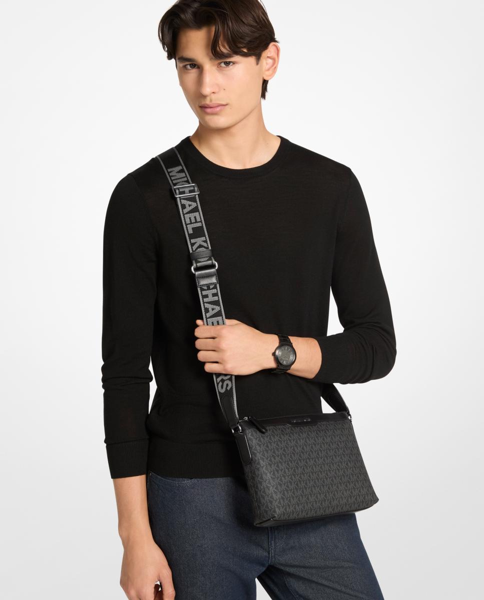 Mala a Tiracolo com Fecho de Correr Superior e Estampado de Logótipos MK Preto-4