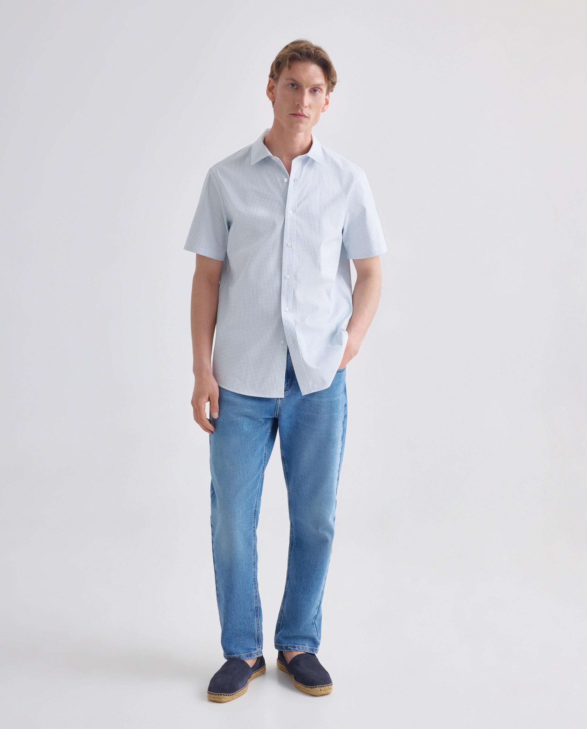 Camisa de Manga Curta Dobby aos Micro Quadrados Turquesa-2