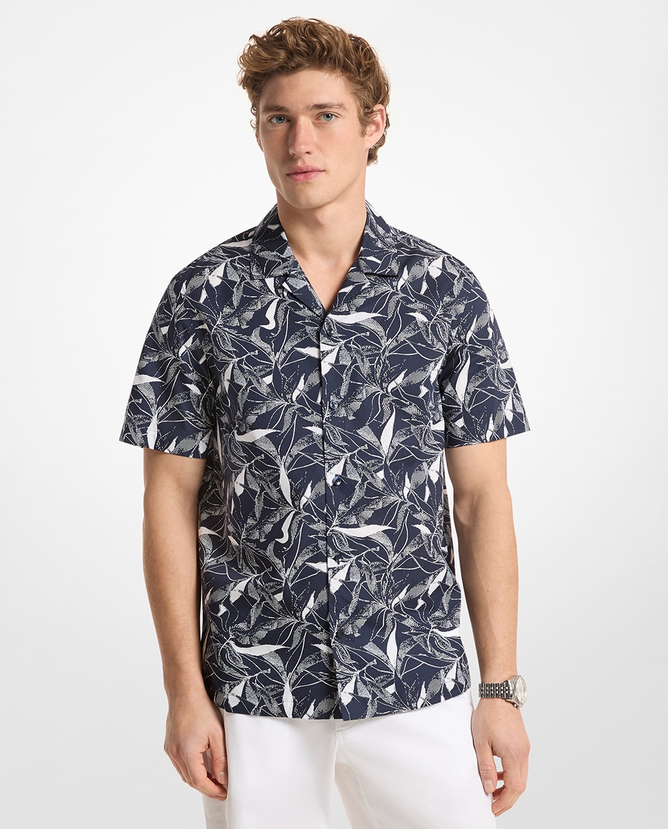 Camisa de Manga Curta com Estampado Floral Azul-marinho-1